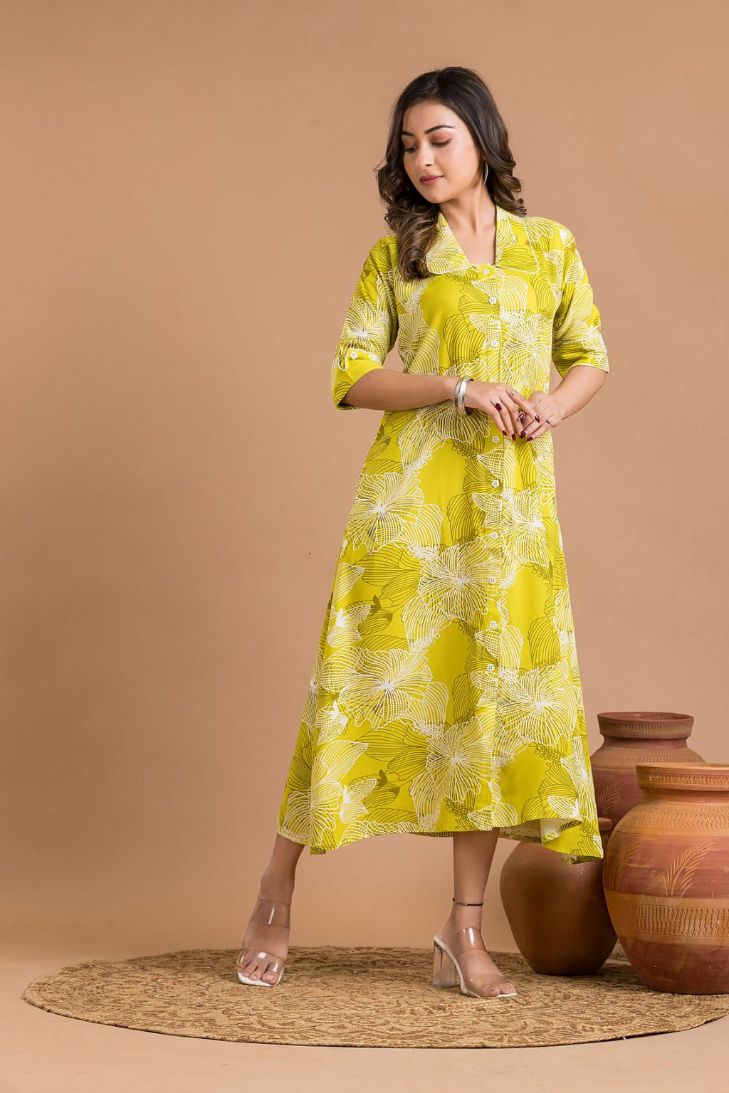 Lime Green Abstract Print  A-Line Dress