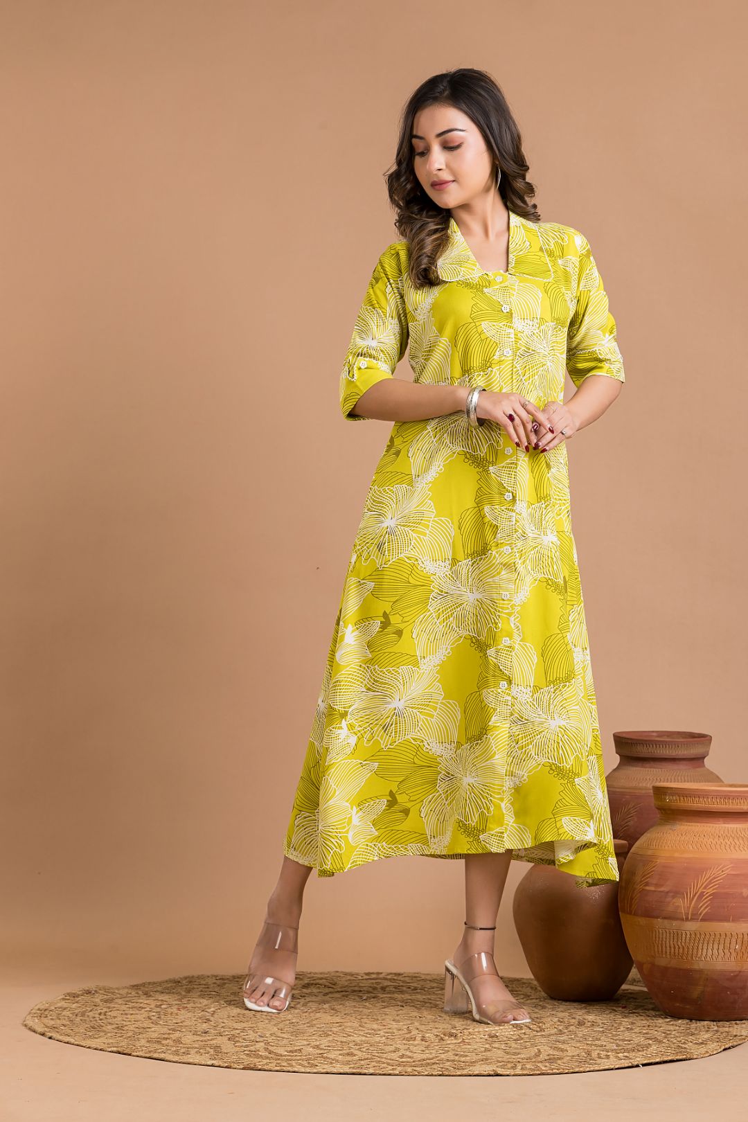 Lime Green Abstract Print  A-Line Dress