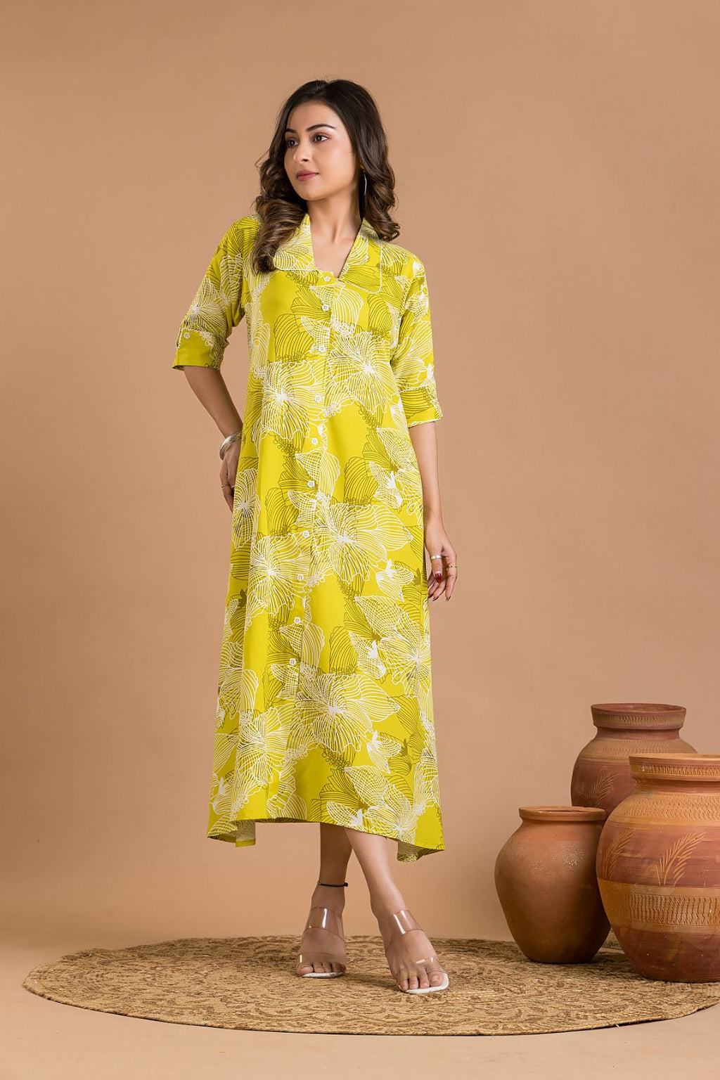 Lime Green Abstract Print  A-Line Dress
