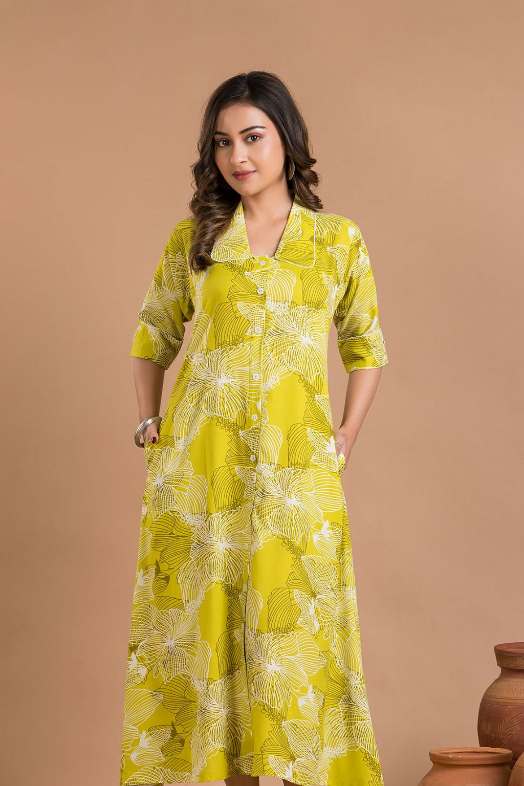 Lime Green Abstract Print  A-Line Dress