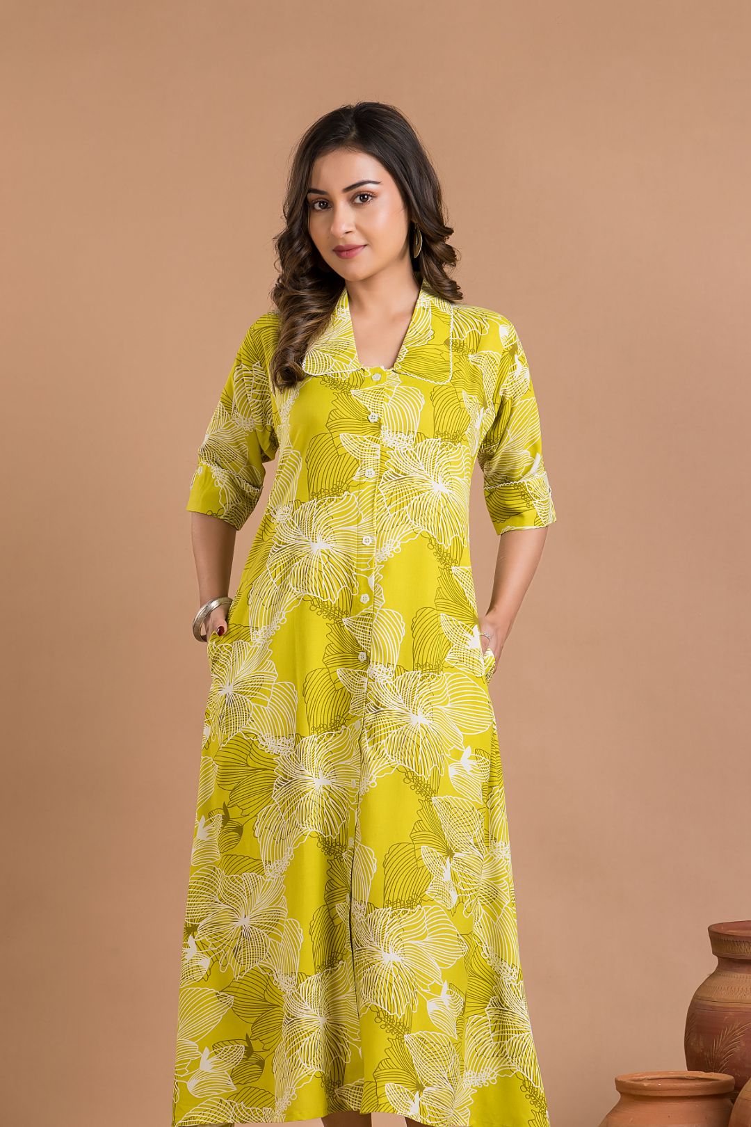 Lime Green Abstract Print  A-Line Dress