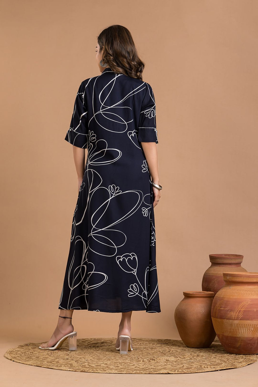 Navy Blue Abstract Print  A-Line Dress