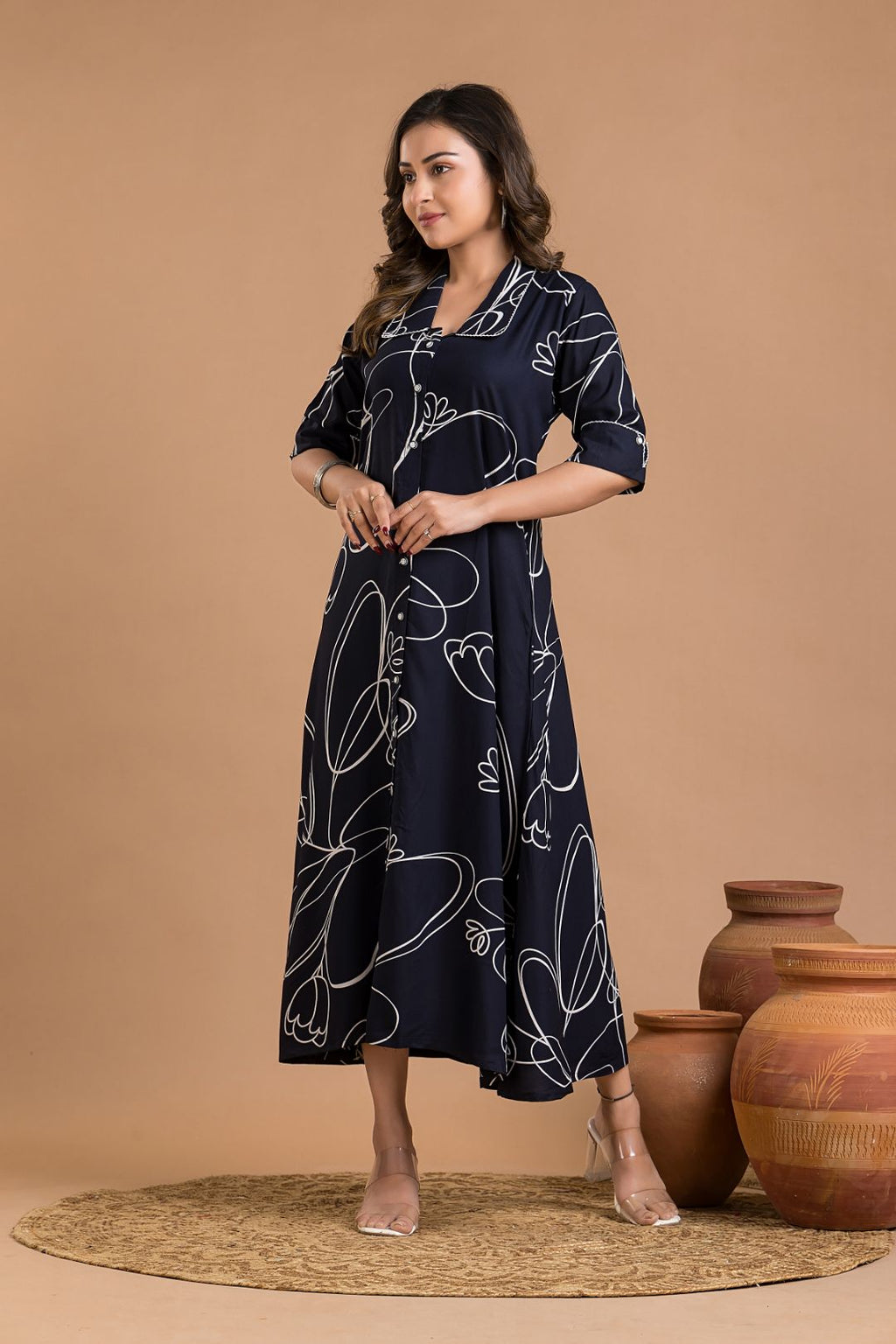 Navy Blue Abstract Print  A-Line Dress