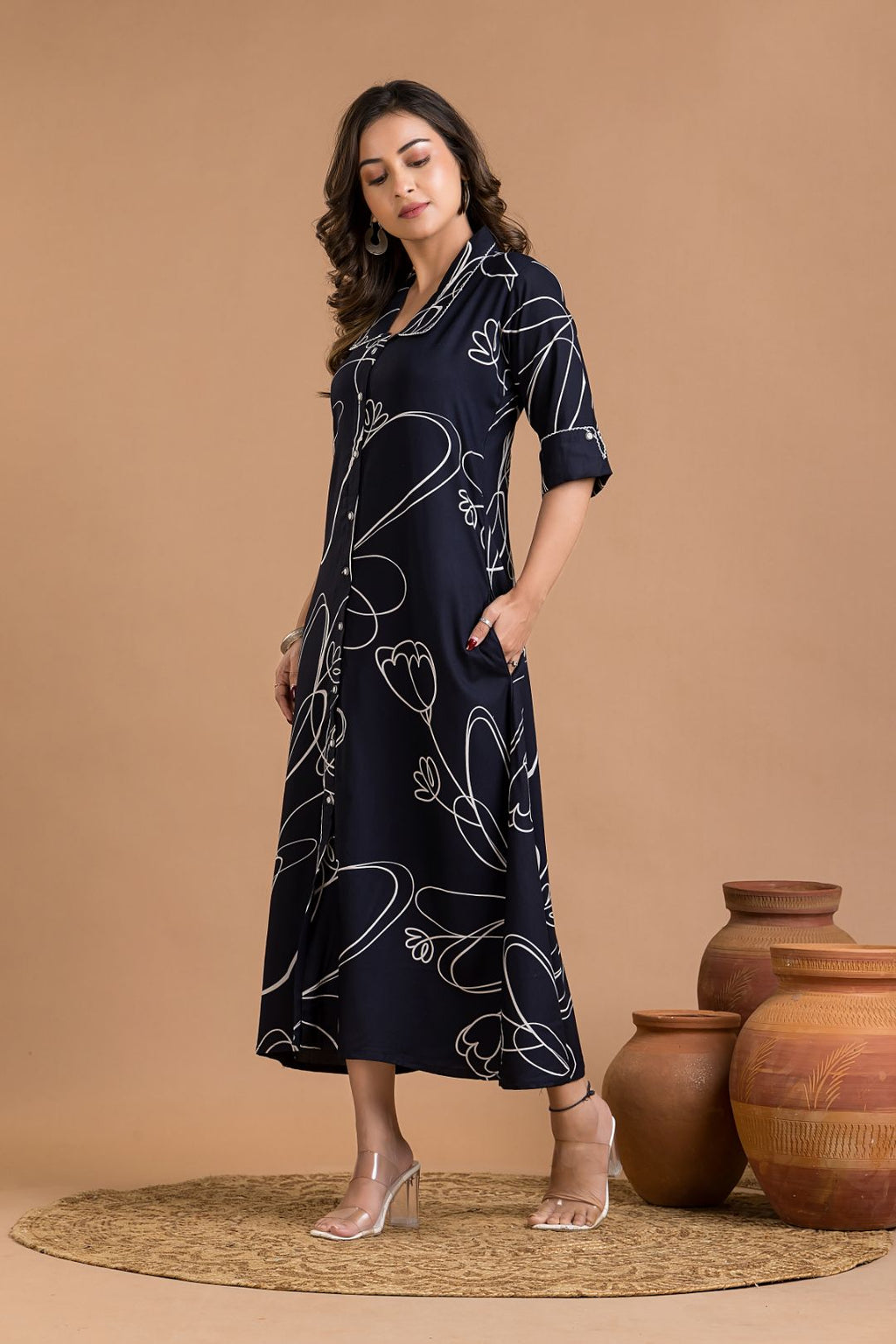 Navy Blue Abstract Print  A-Line Dress