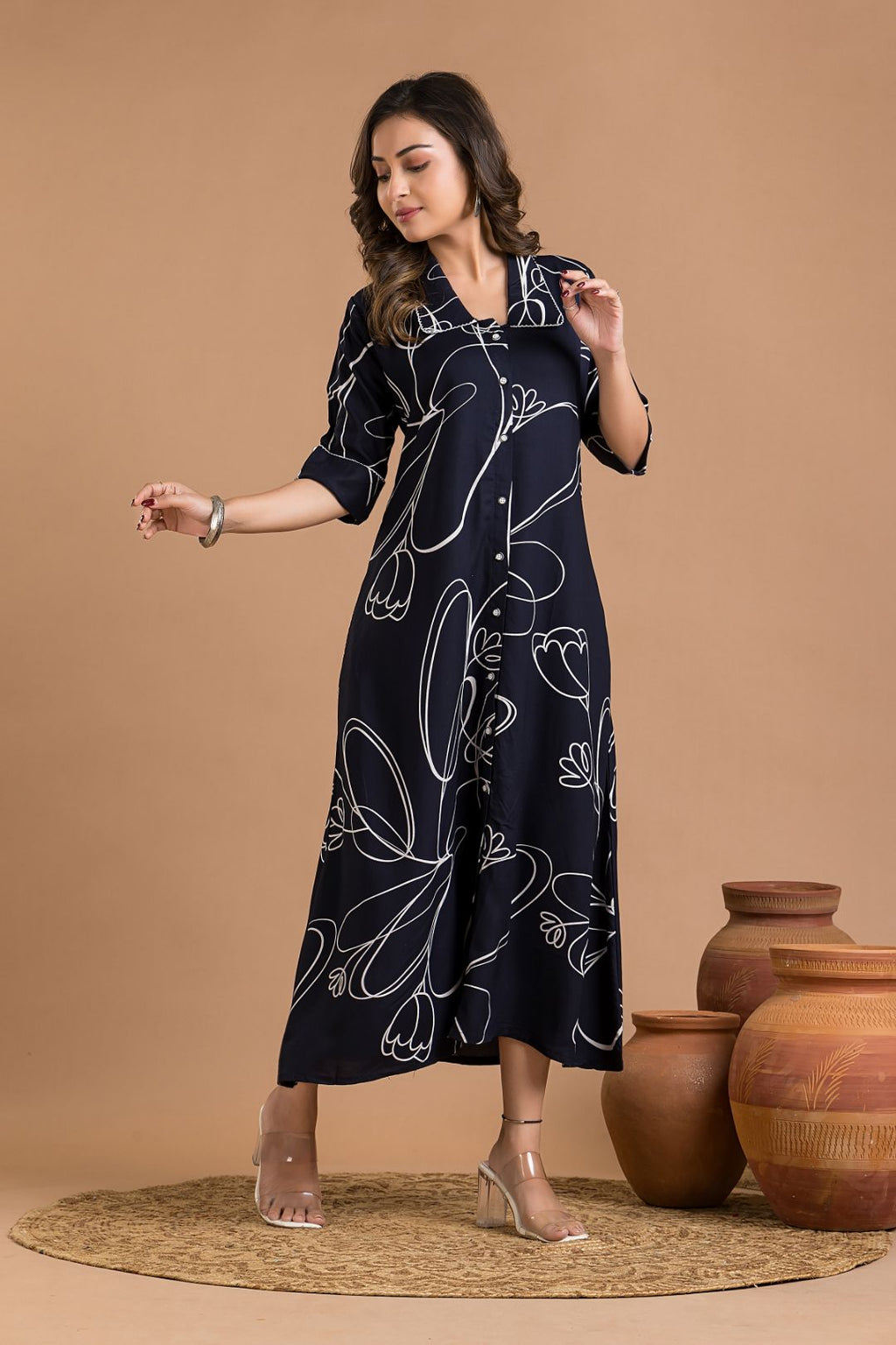 Navy Blue Abstract Print  A-Line Dress