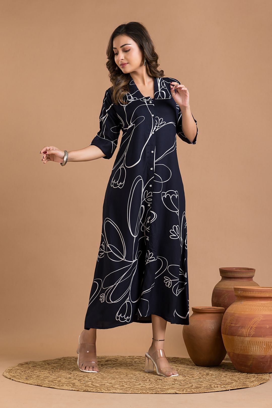 Navy Blue Abstract Print  A-Line Dress
