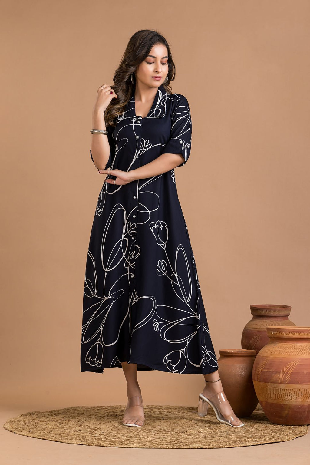 Navy Blue Abstract Print  A-Line Dress
