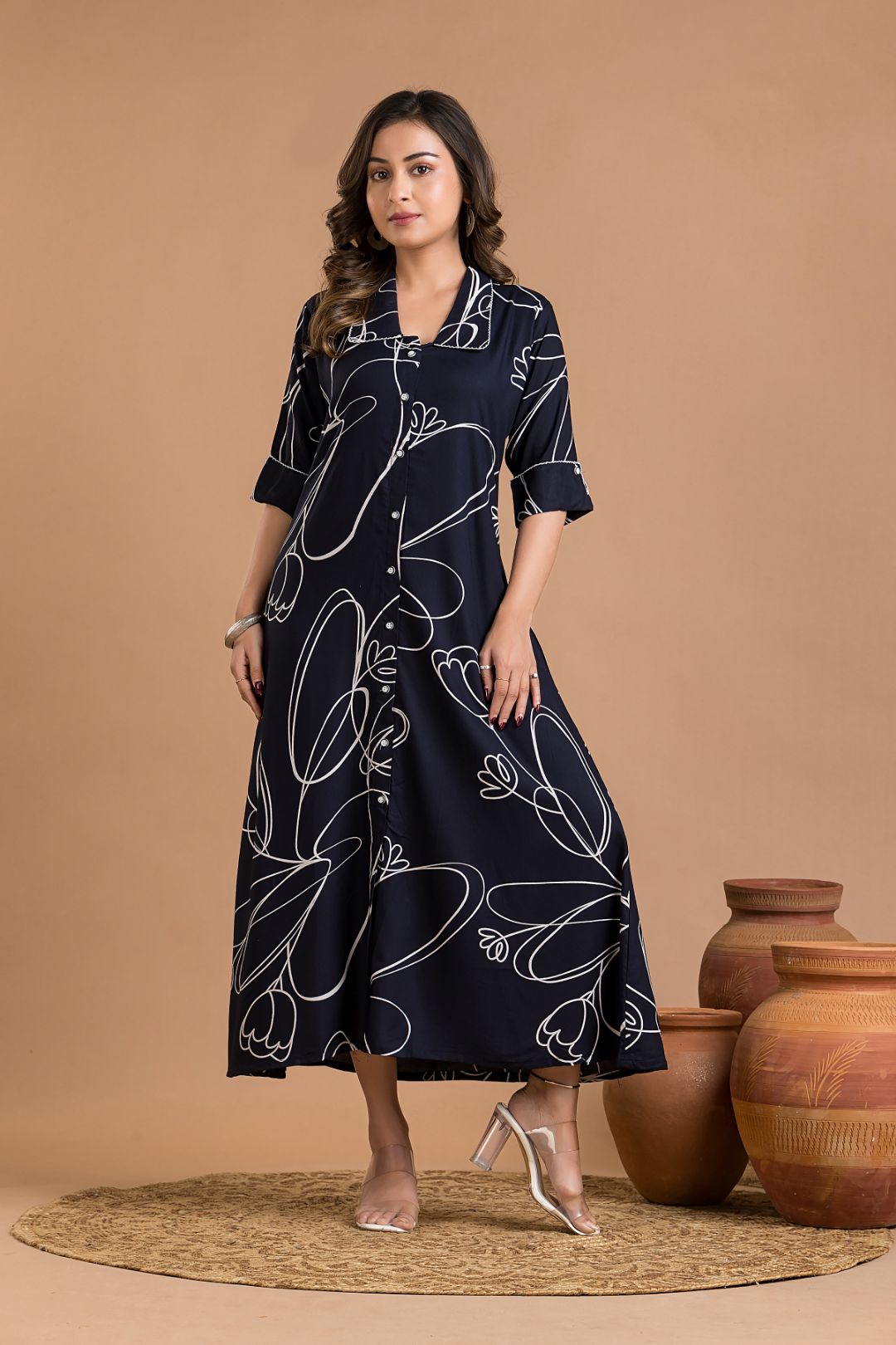Navy Blue Abstract Print  A-Line Dress