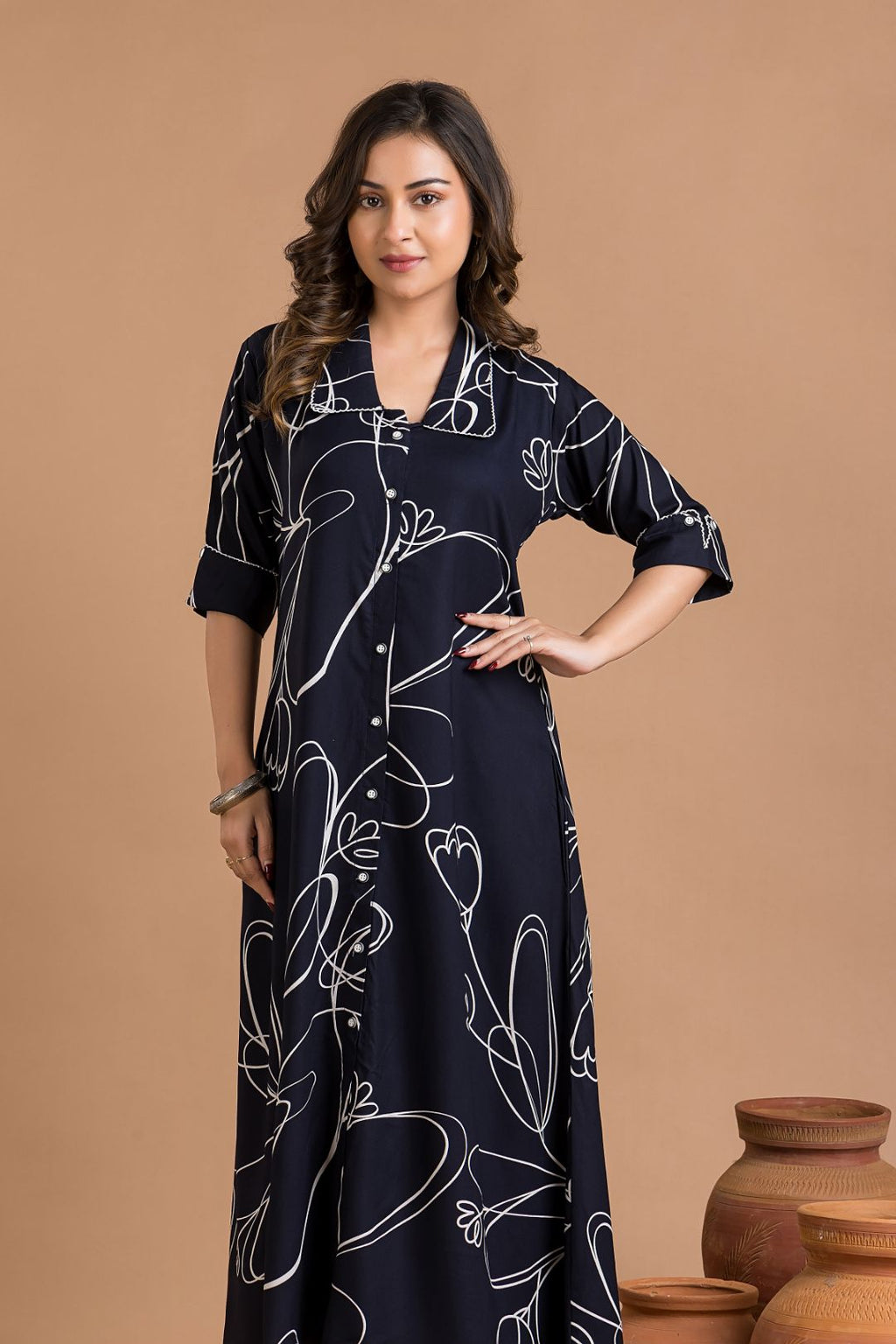 Navy Blue Abstract Print  A-Line Dress