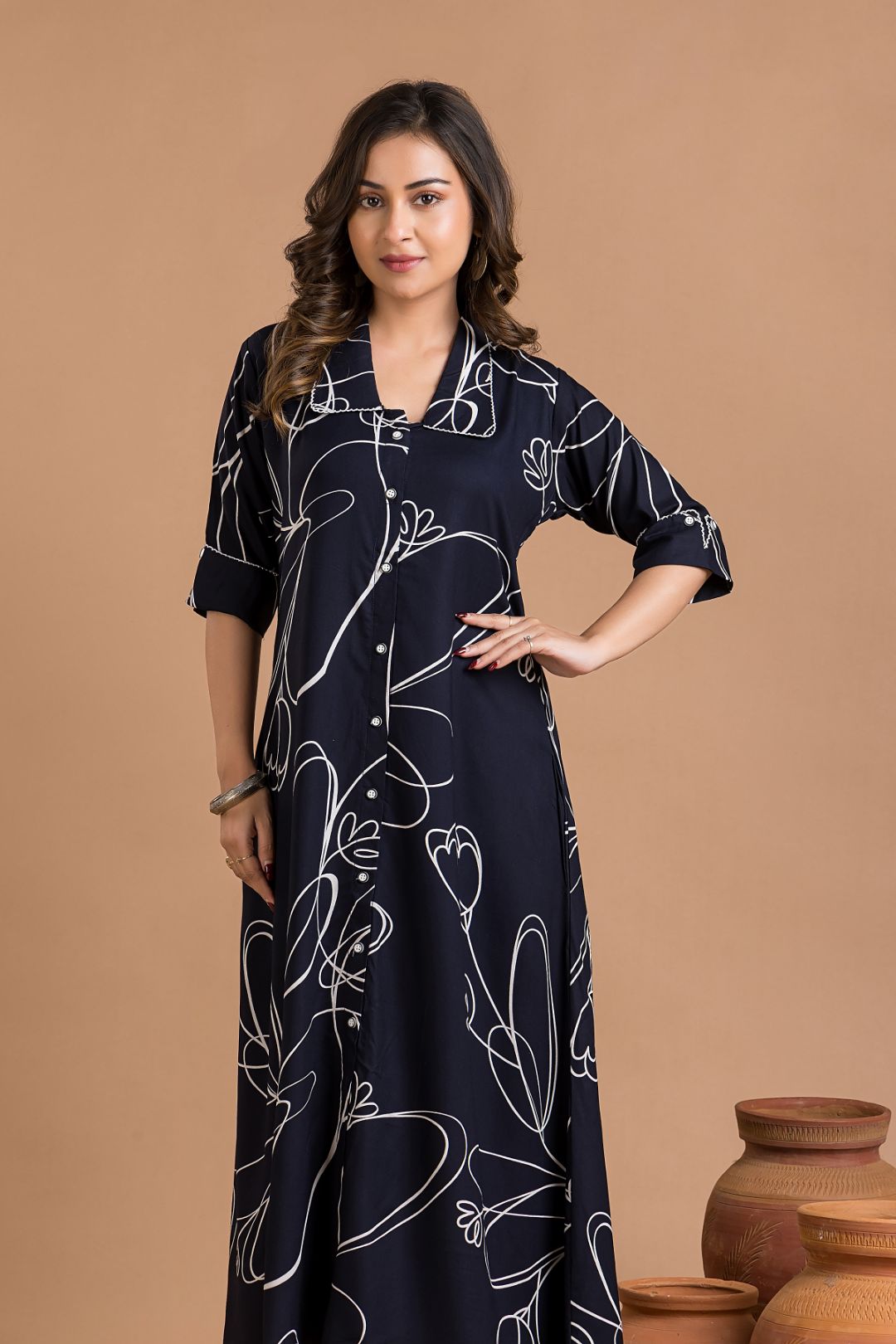 Navy Blue Abstract Print  A-Line Dress