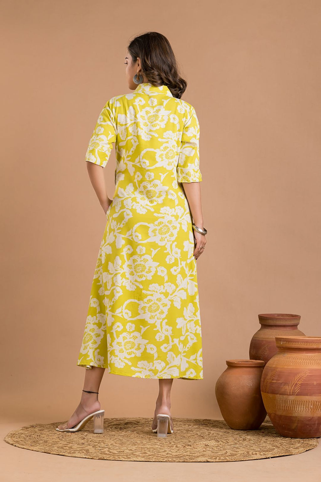Yellow Green Floral Print A-Line Dress