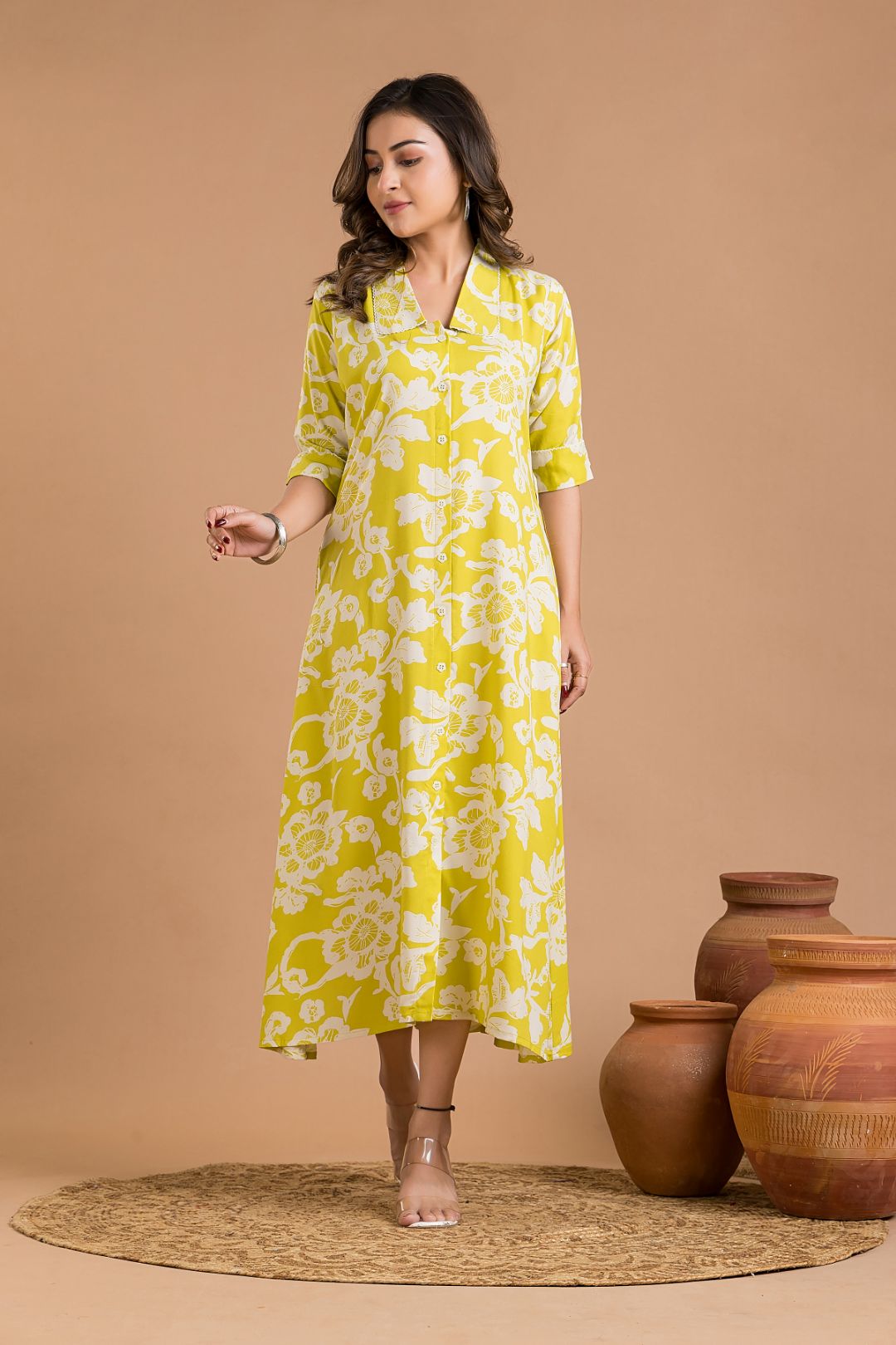Yellow Green Floral Print A-Line Dress