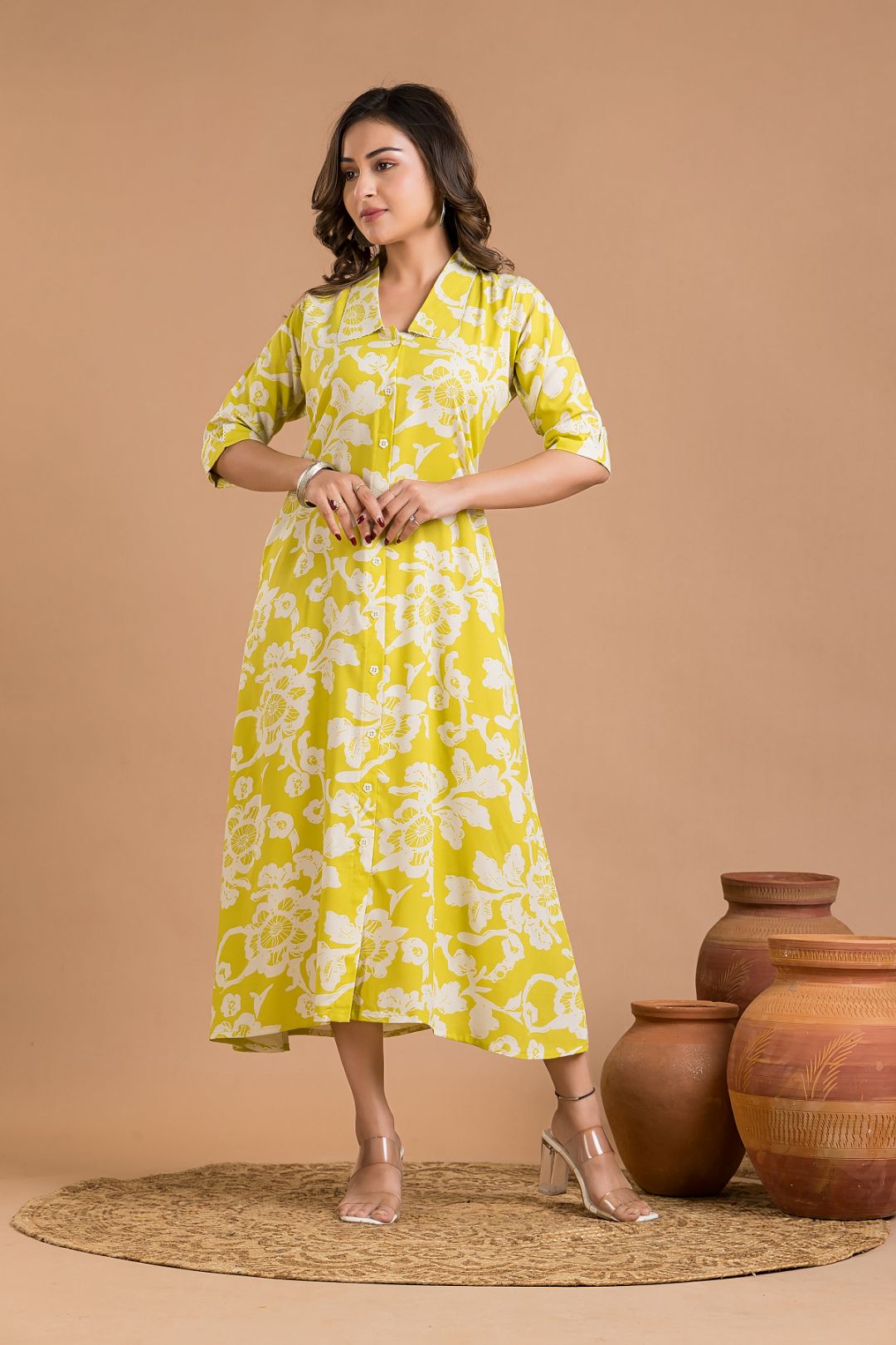 Yellow Green Floral Print A-Line Dress