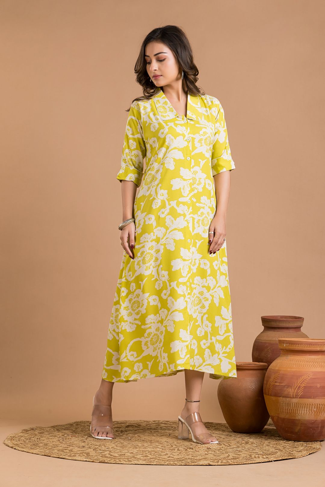 Yellow Green Floral Print A-Line Dress