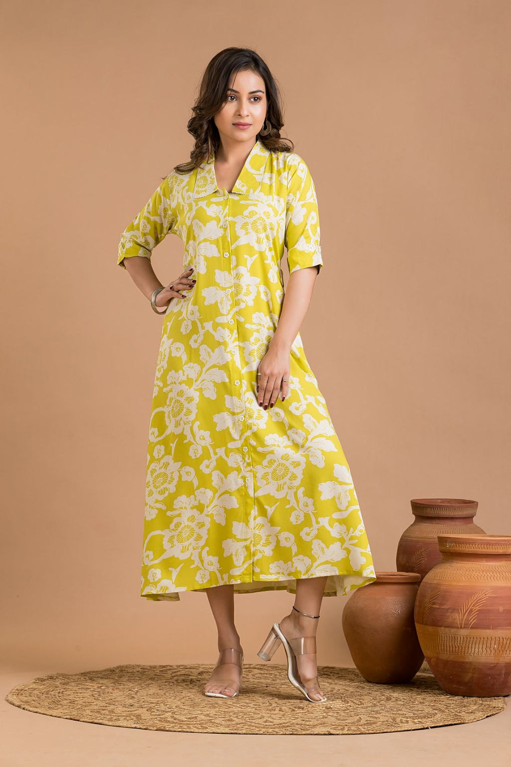 Yellow Green Floral Print A-Line Dress