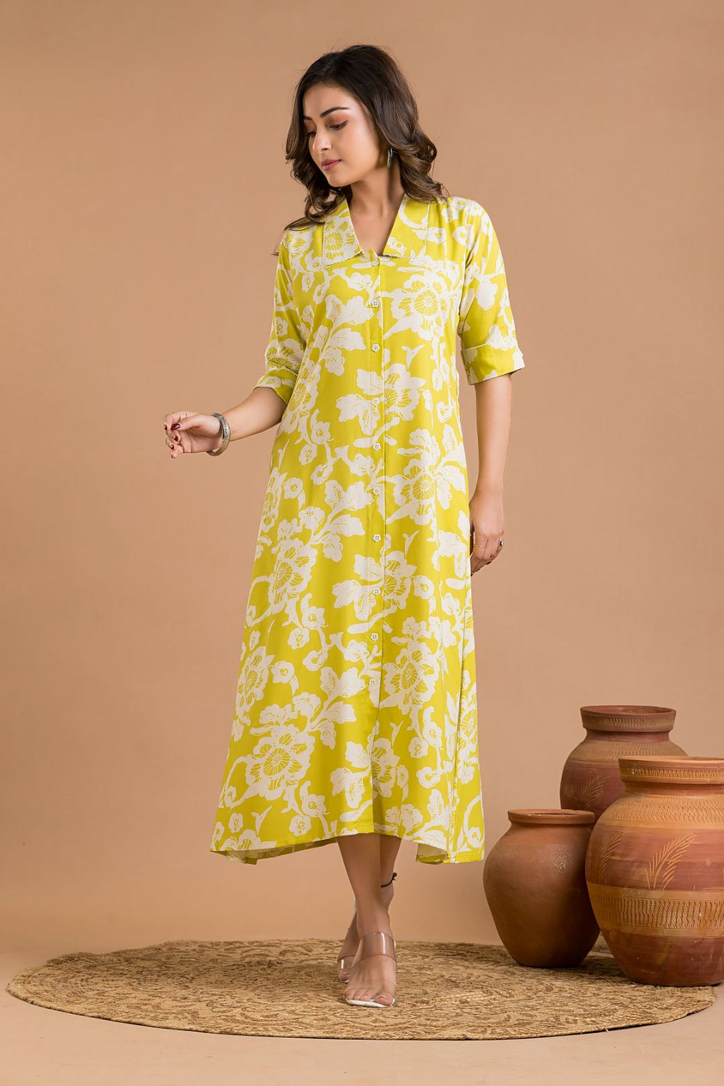 Yellow Green Floral Print A-Line Dress