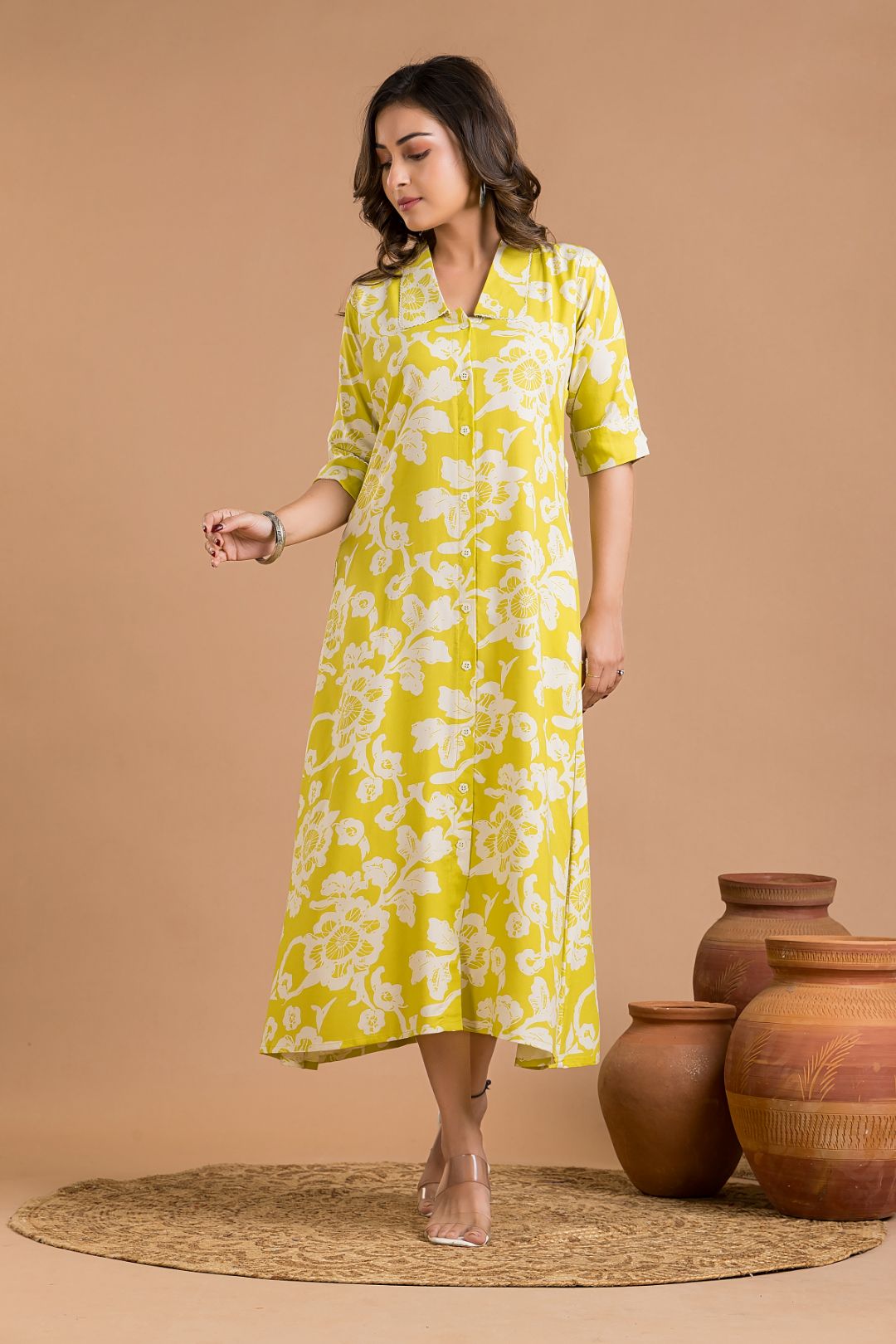 Yellow Green Floral Print A-Line Dress