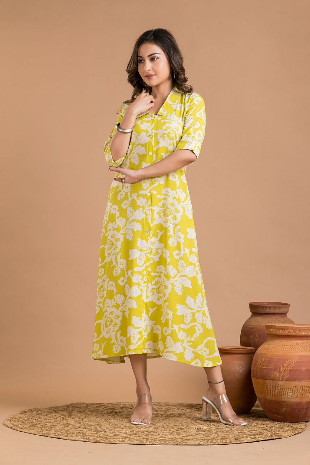 Yellow Green Floral Print A-Line Dress