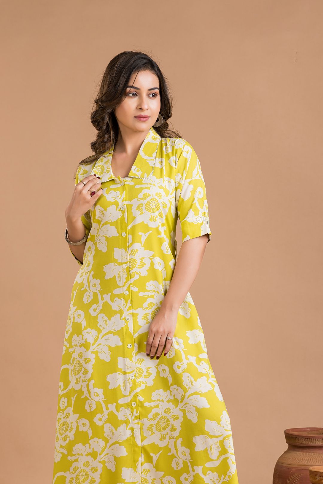 Yellow Green Floral Print A-Line Dress