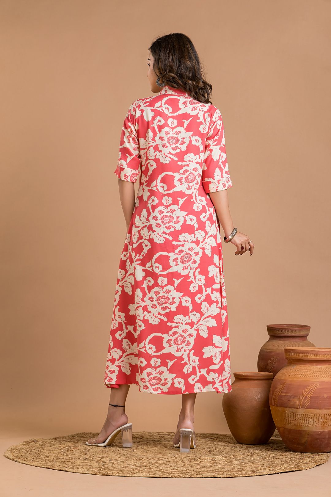 Coral Pink Floral Print A-Line Dress