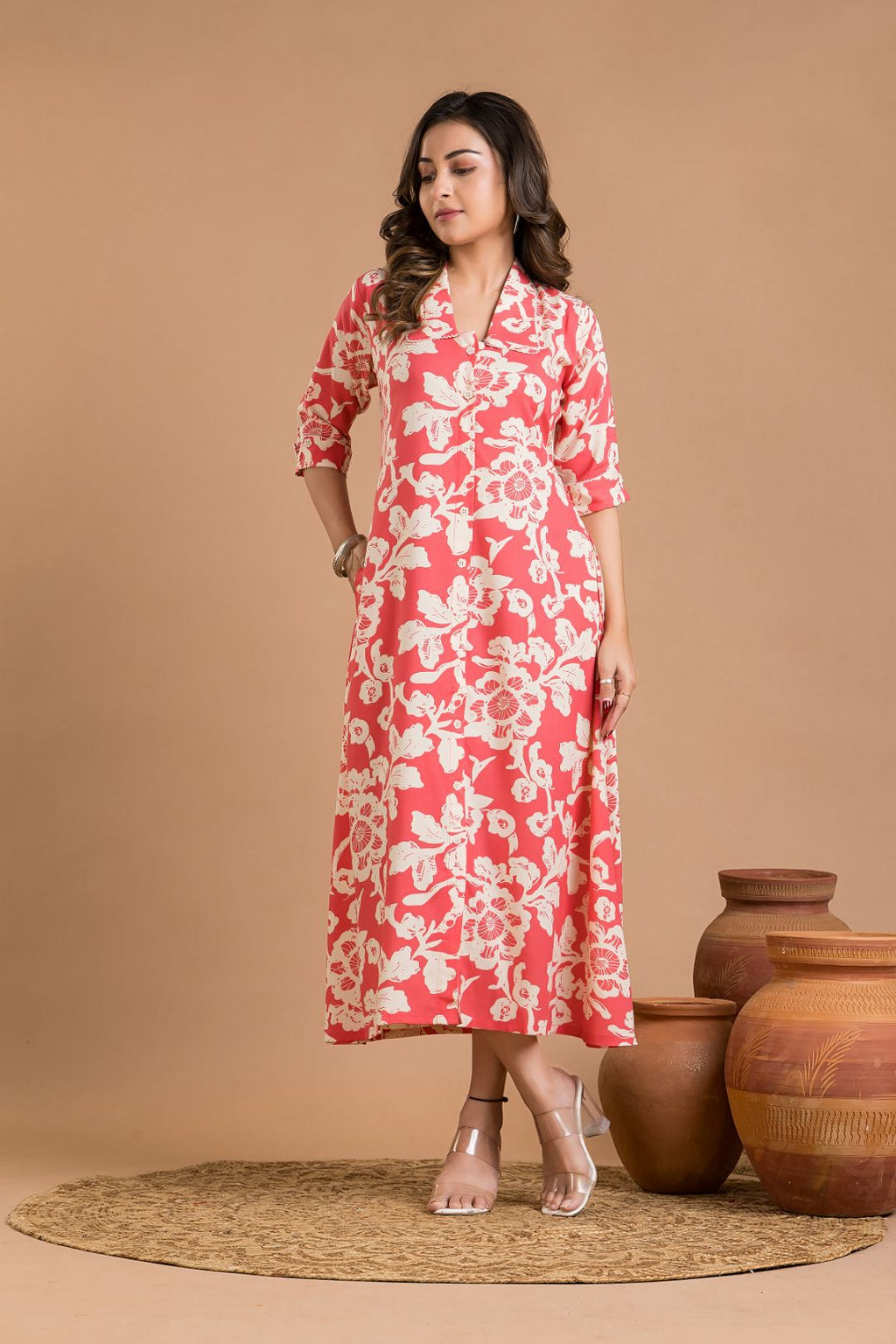 Coral Pink Floral Print A-Line Dress