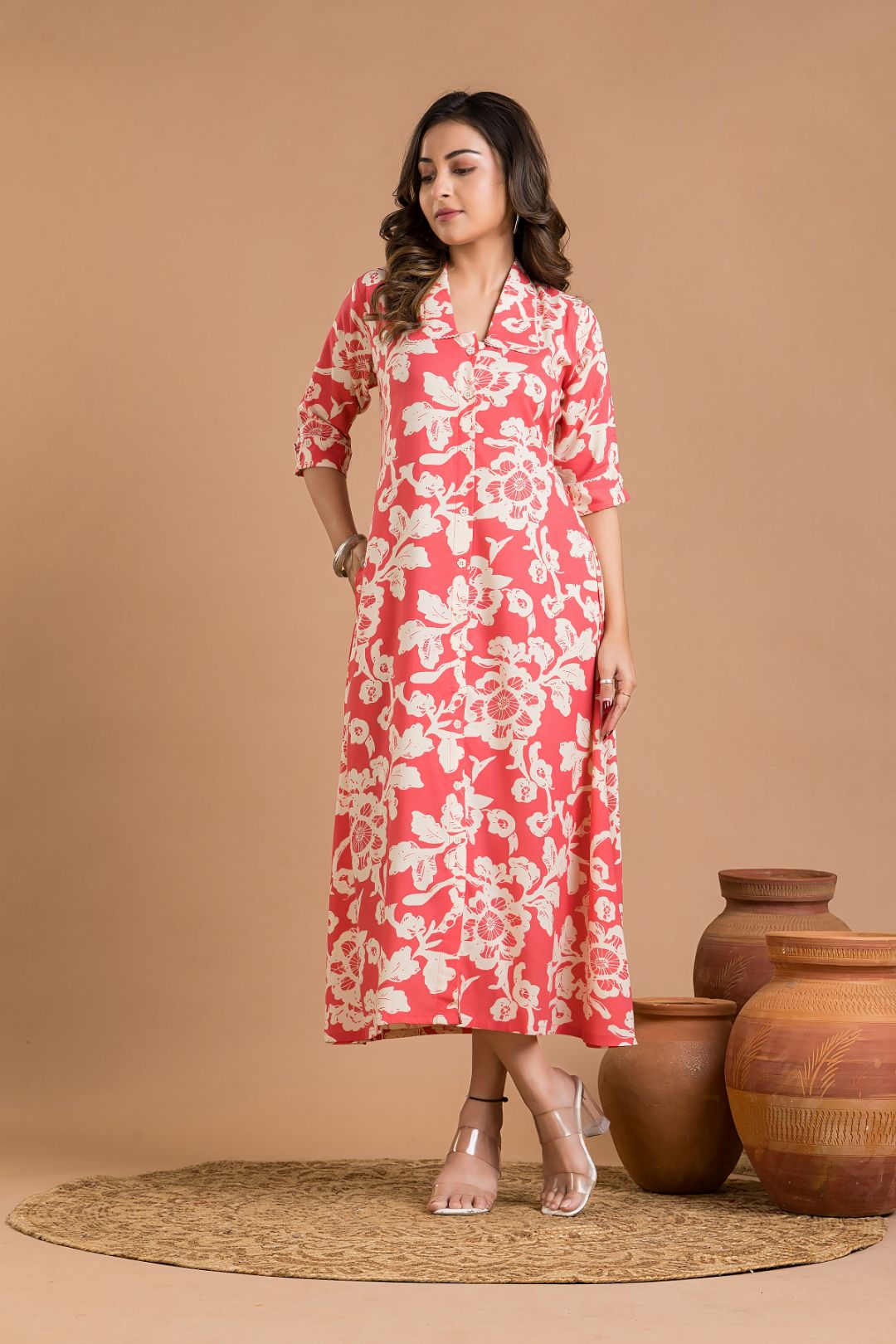 Coral Pink Floral Print A-Line Dress