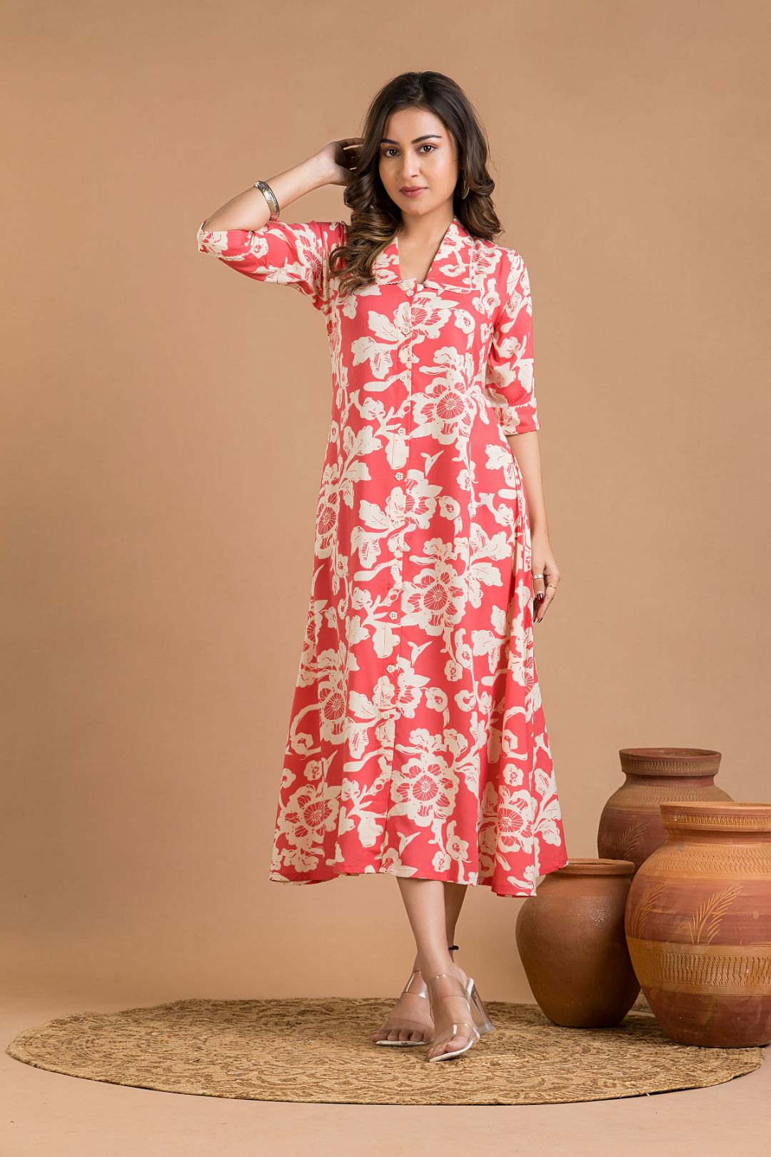 Coral Pink Floral Print A-Line Dress
