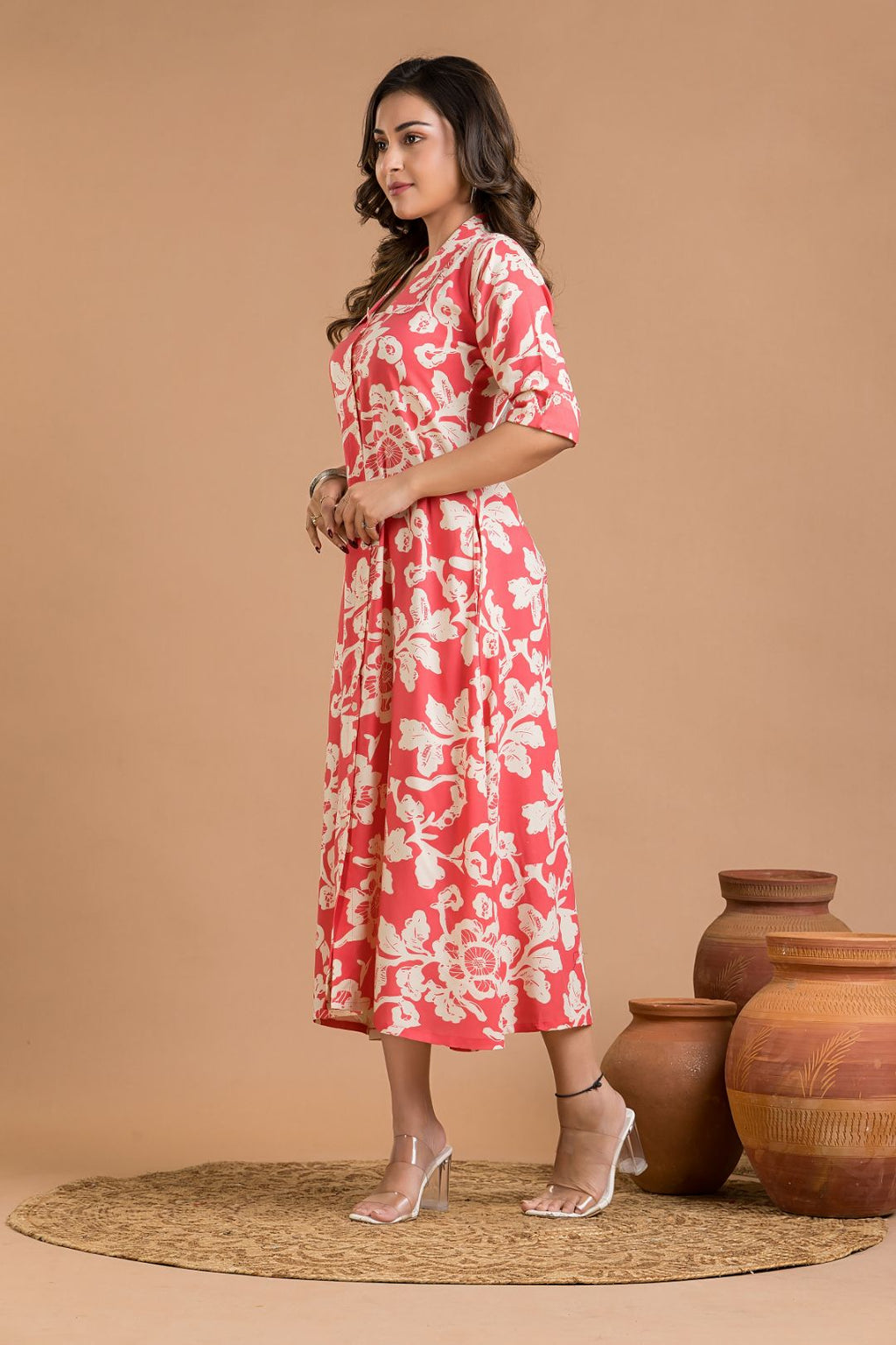 Coral Pink Floral Print A-Line Dress