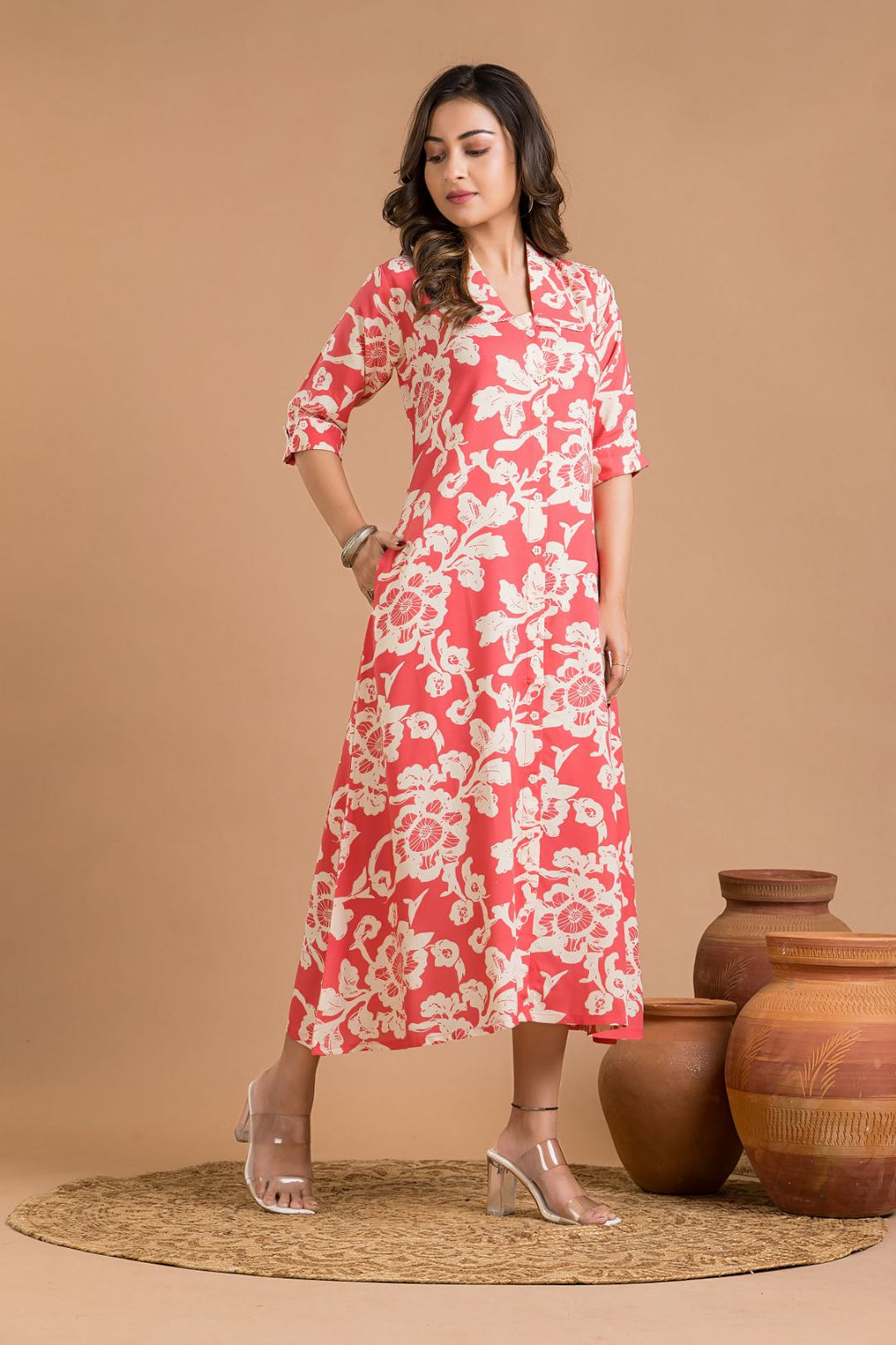 Coral Pink Floral Print A-Line Dress