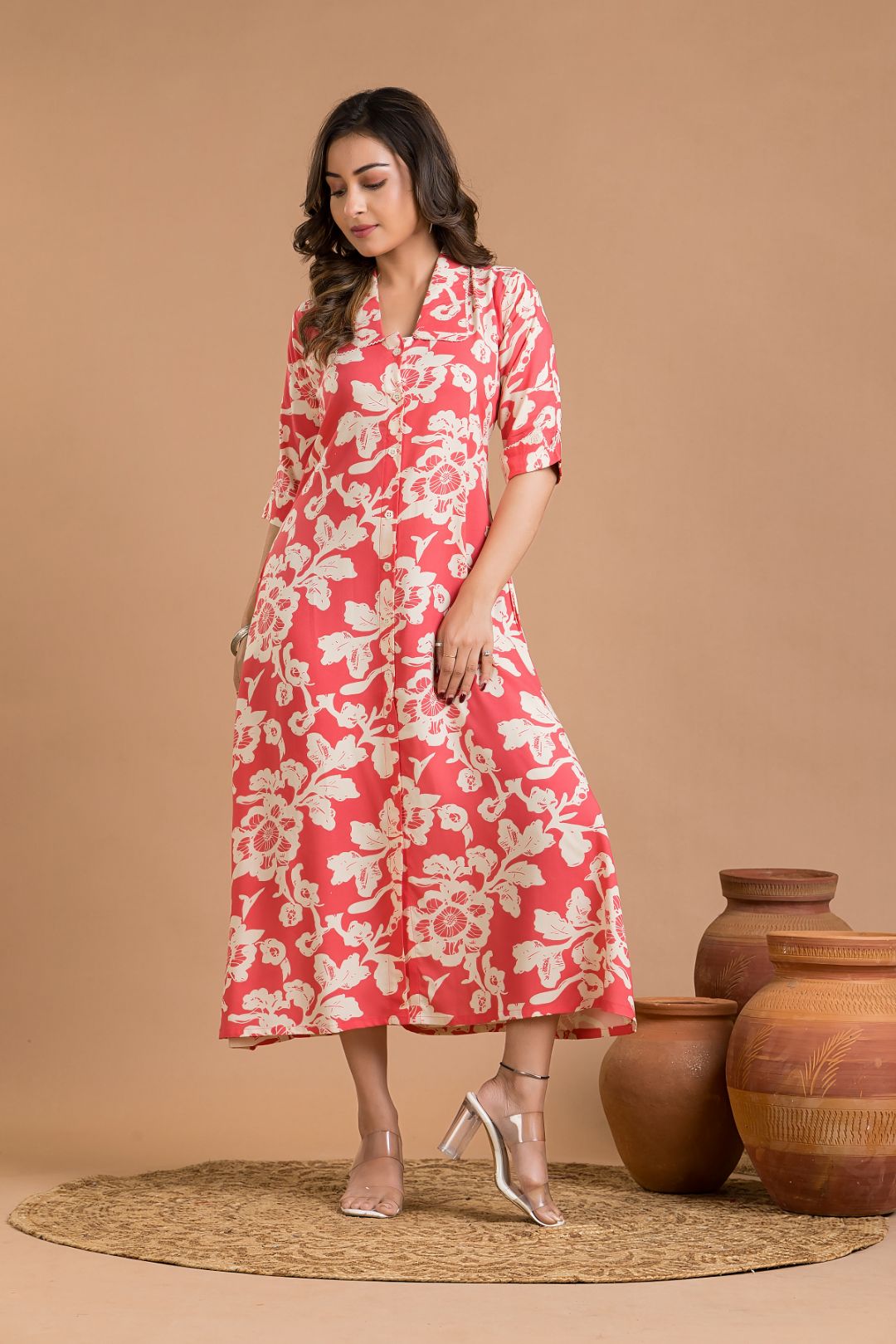 Coral Pink Floral Print A-Line Dress
