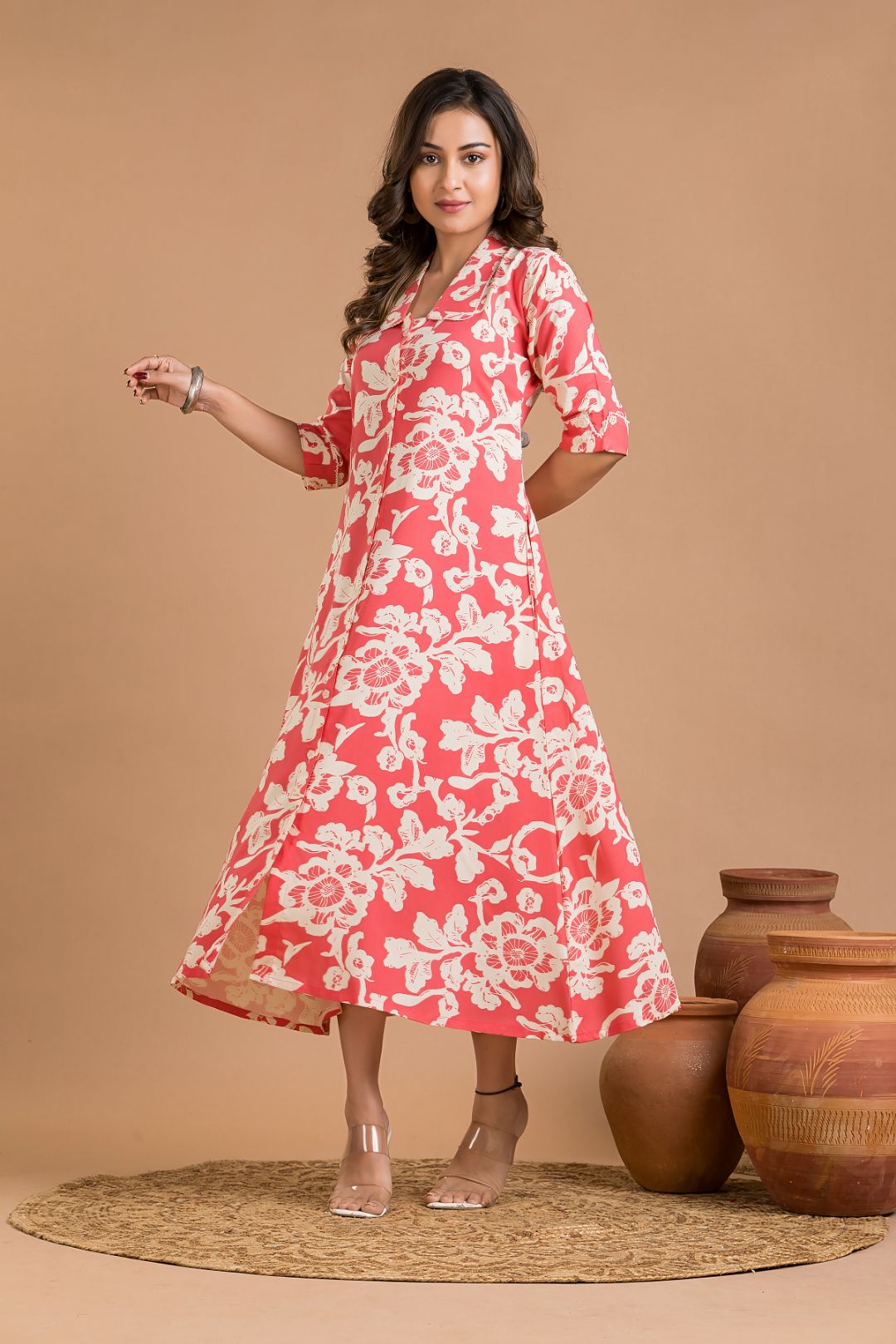 Coral Pink Floral Print A-Line Dress