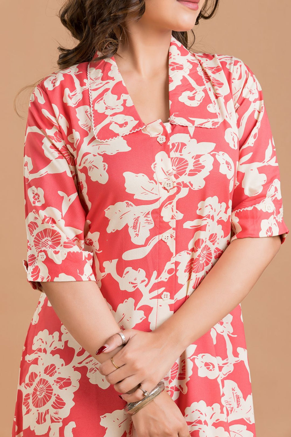 Coral Pink Floral Print A-Line Dress