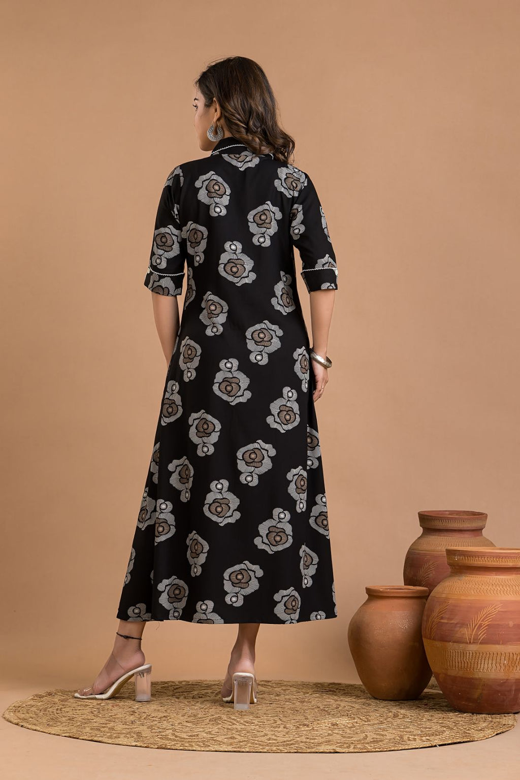 Black Rose Print A-Line Dress