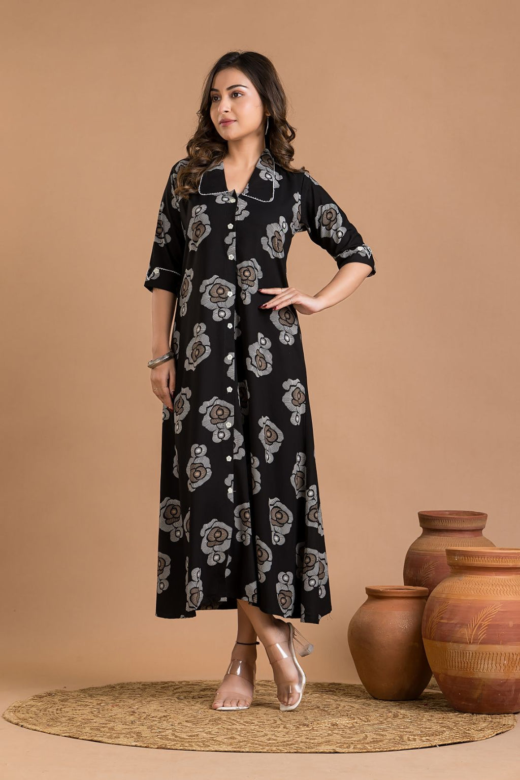 Black Rose Print A-Line Dress