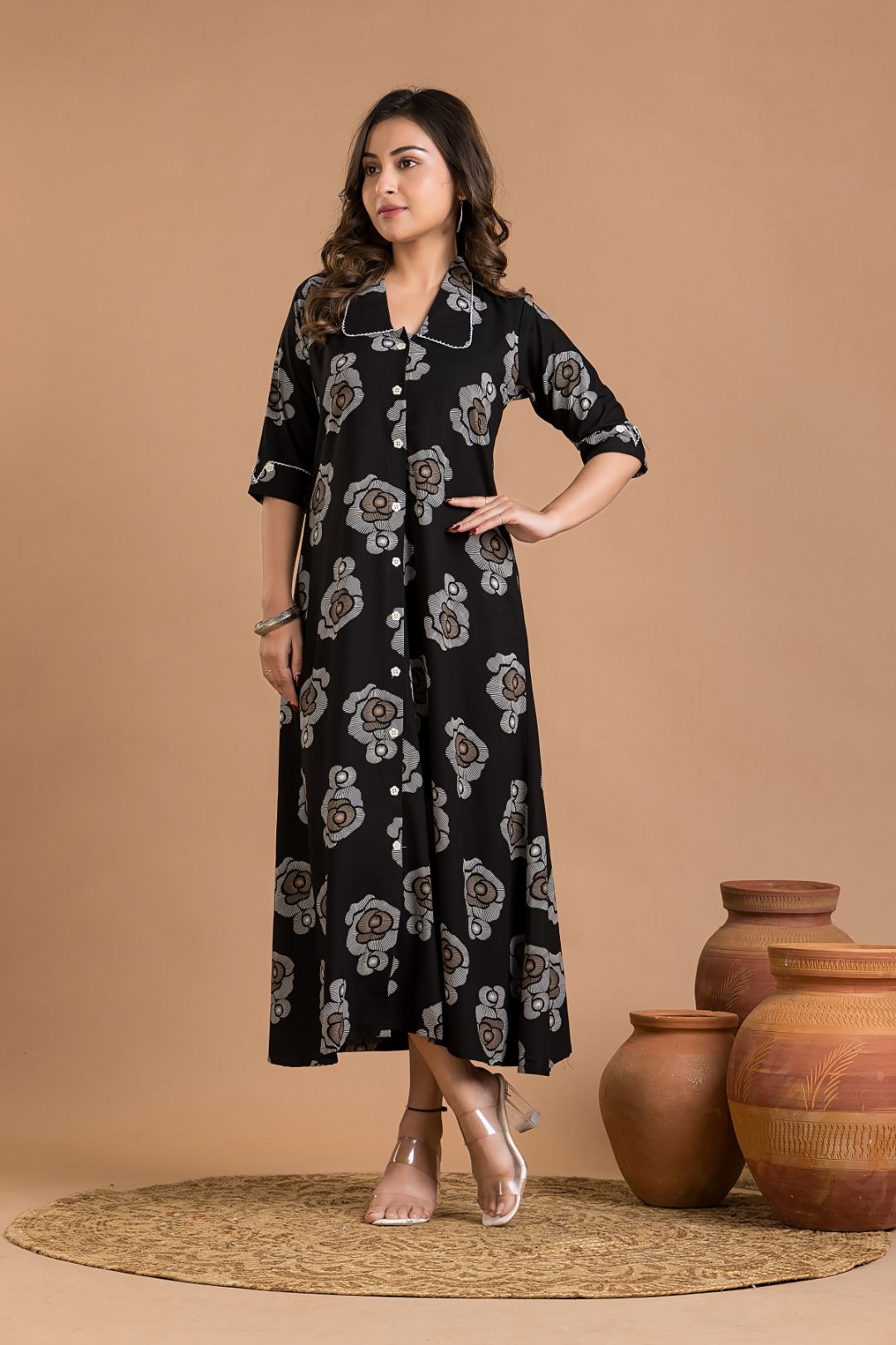 Black Rose Print A-Line Dress