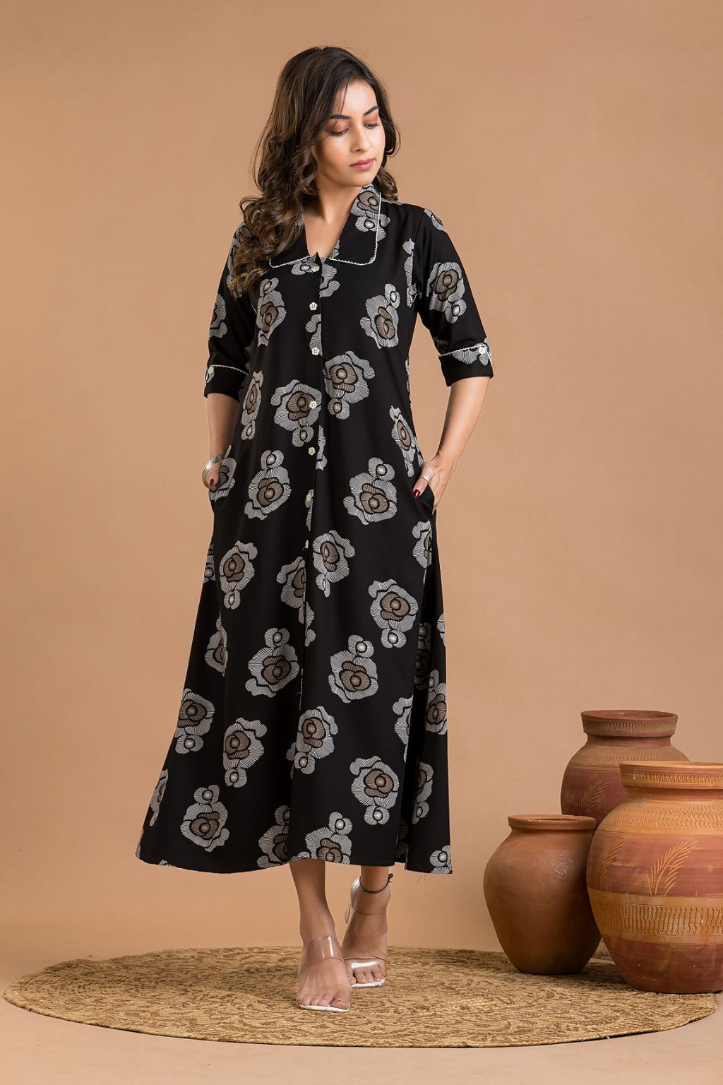 Black Rose Print A-Line Dress