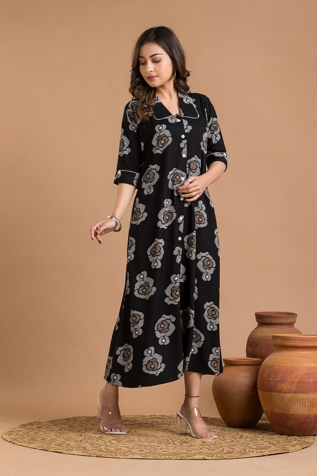 Black Rose Print A-Line Dress