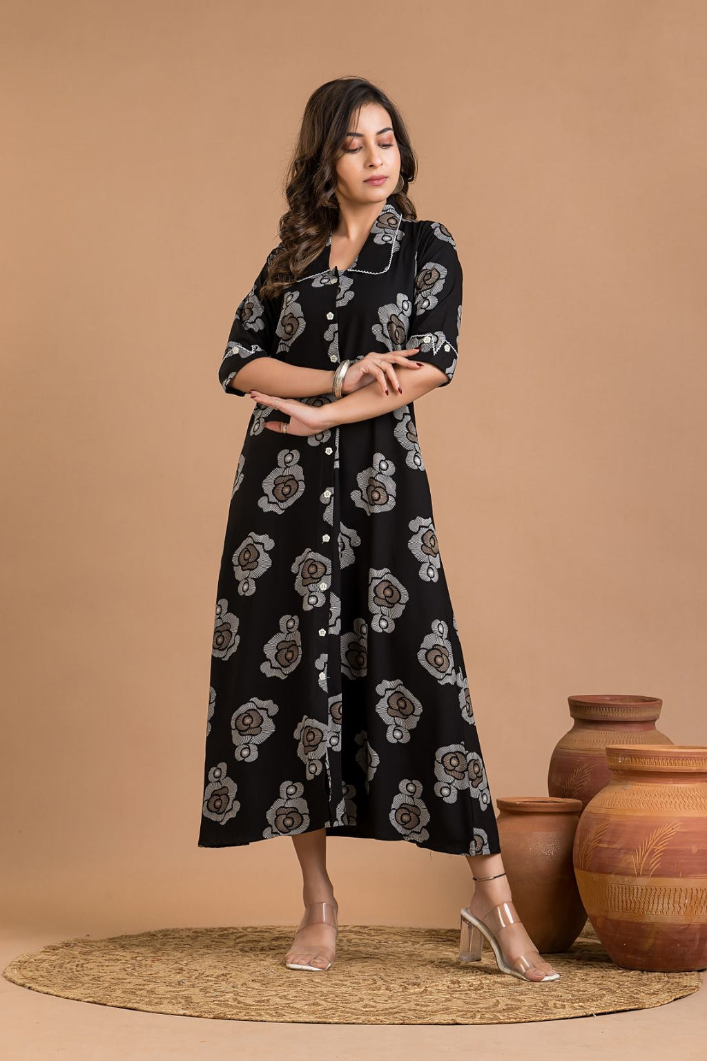 Black Rose Print A-Line Dress