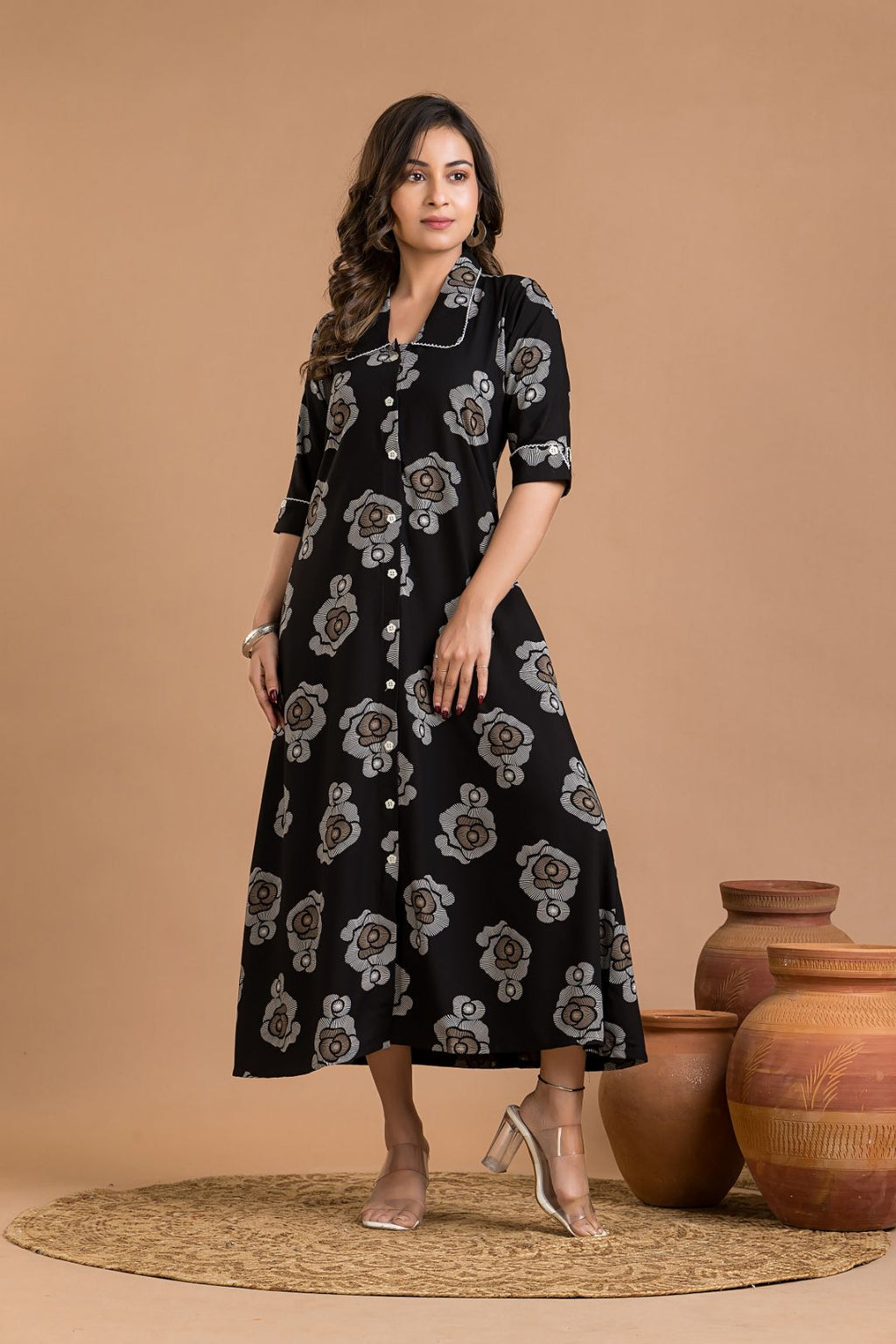 Black Rose Print A-Line Dress