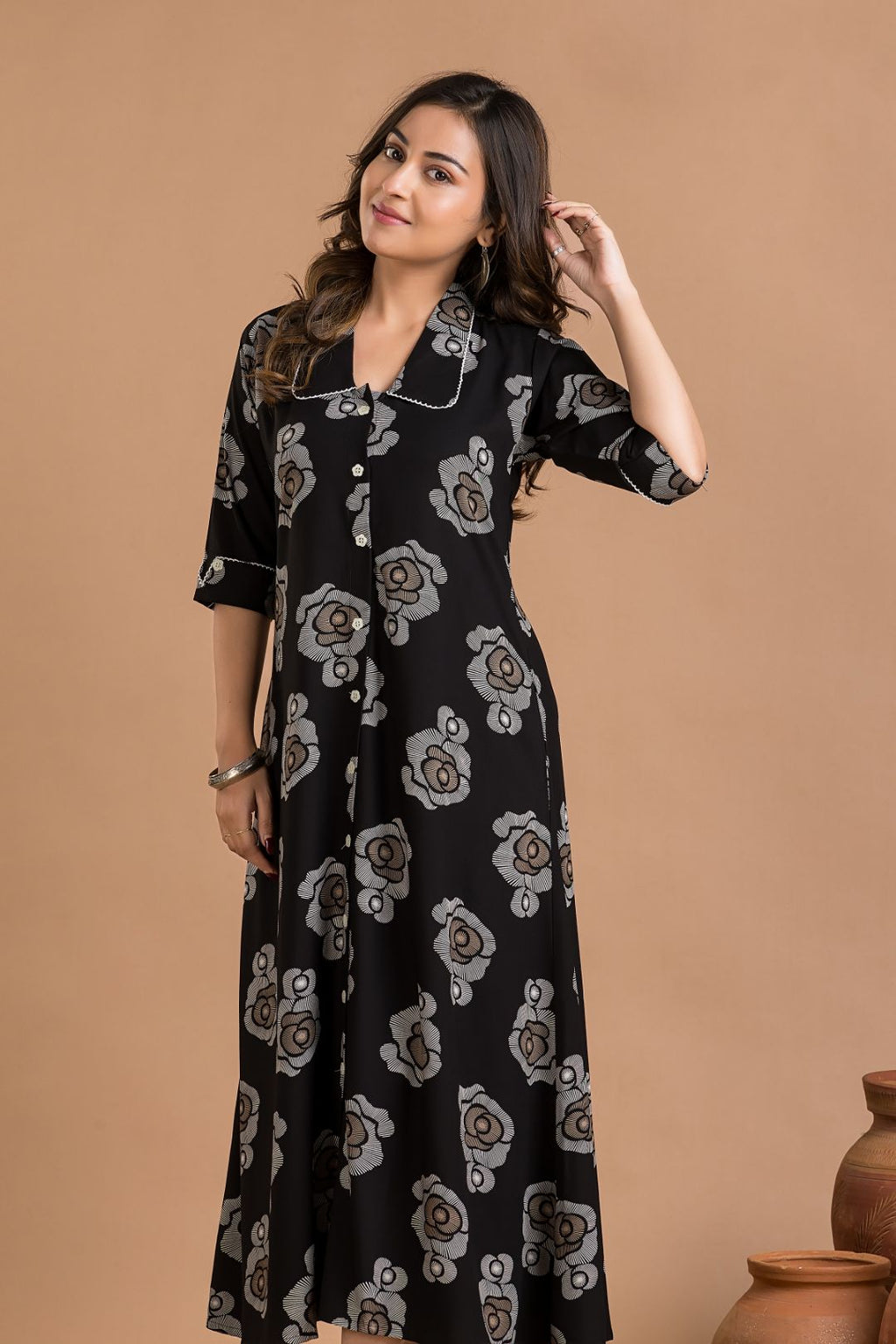 Black Rose Print A-Line Dress