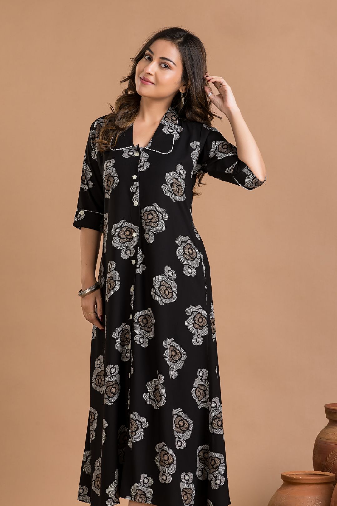 Black Rose Print A-Line Dress