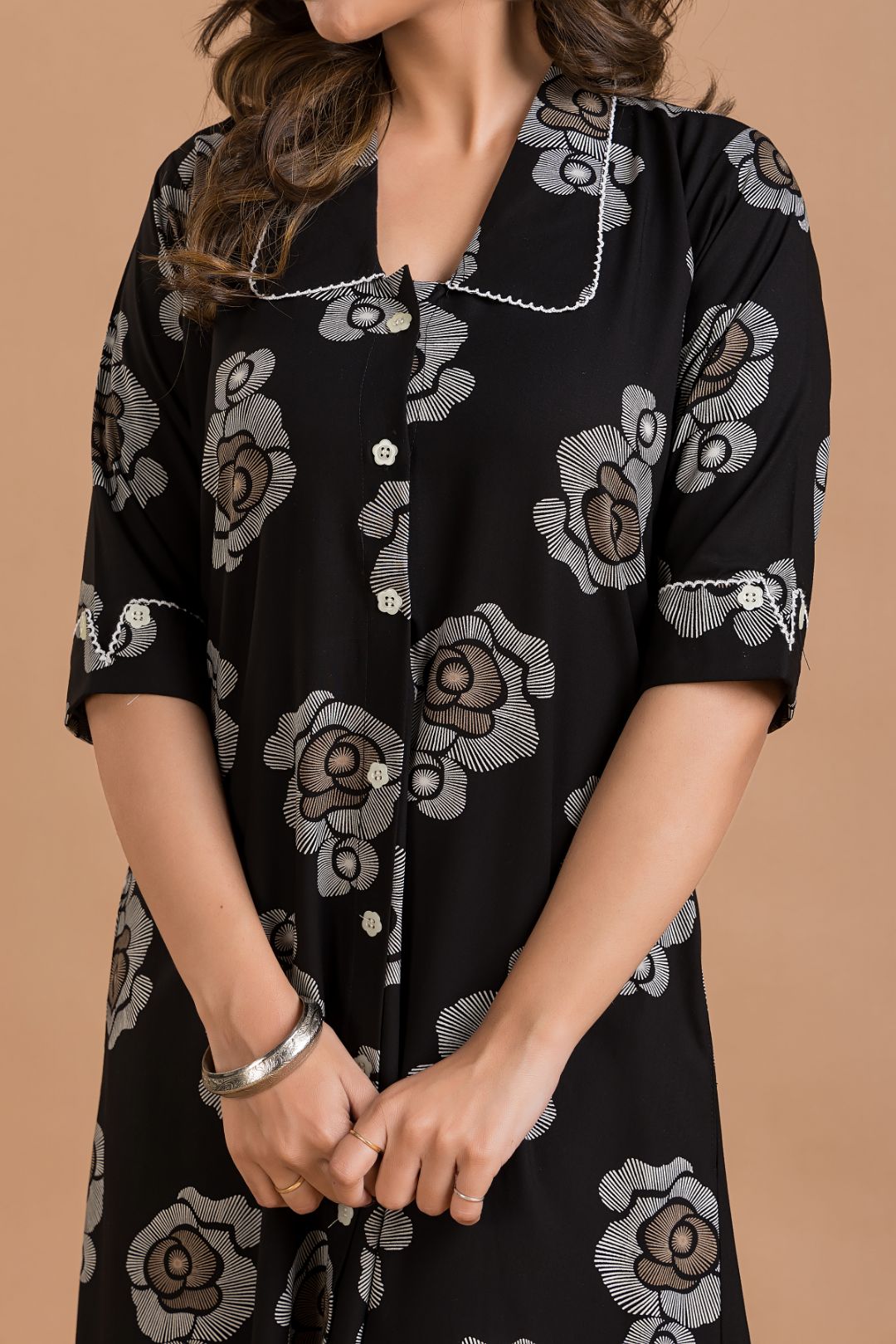 Black Rose Print A-Line Dress