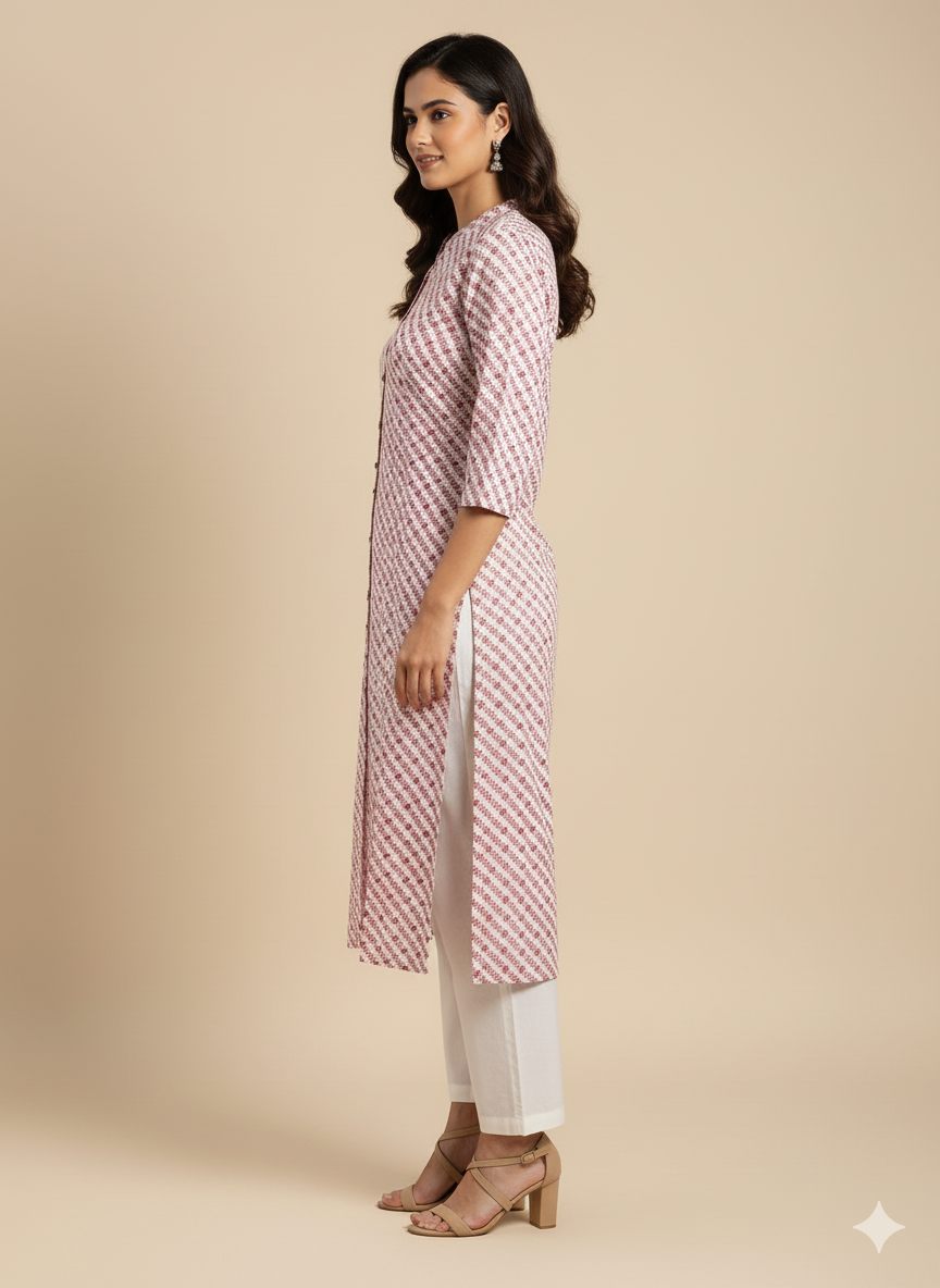 Off-White Floral Print Straight Kurta