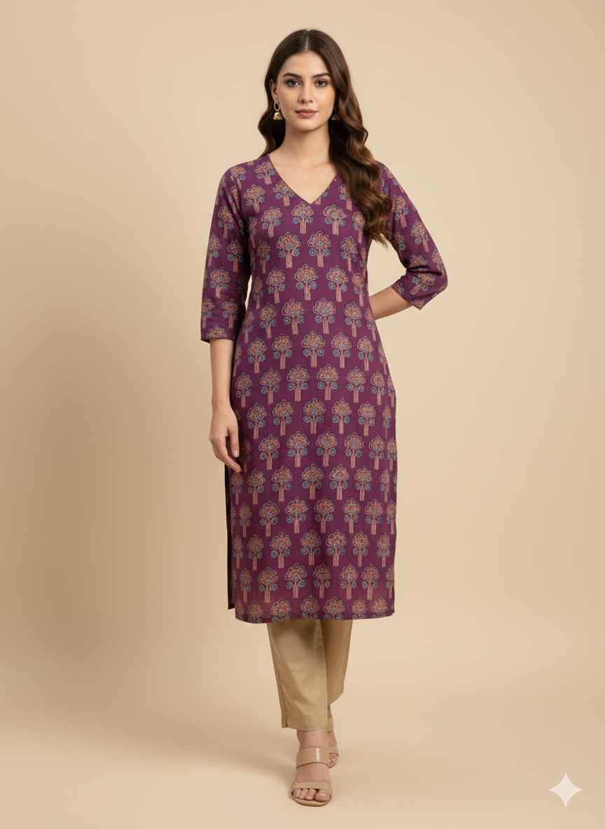 Burgundy Floral Print Straight Kurta