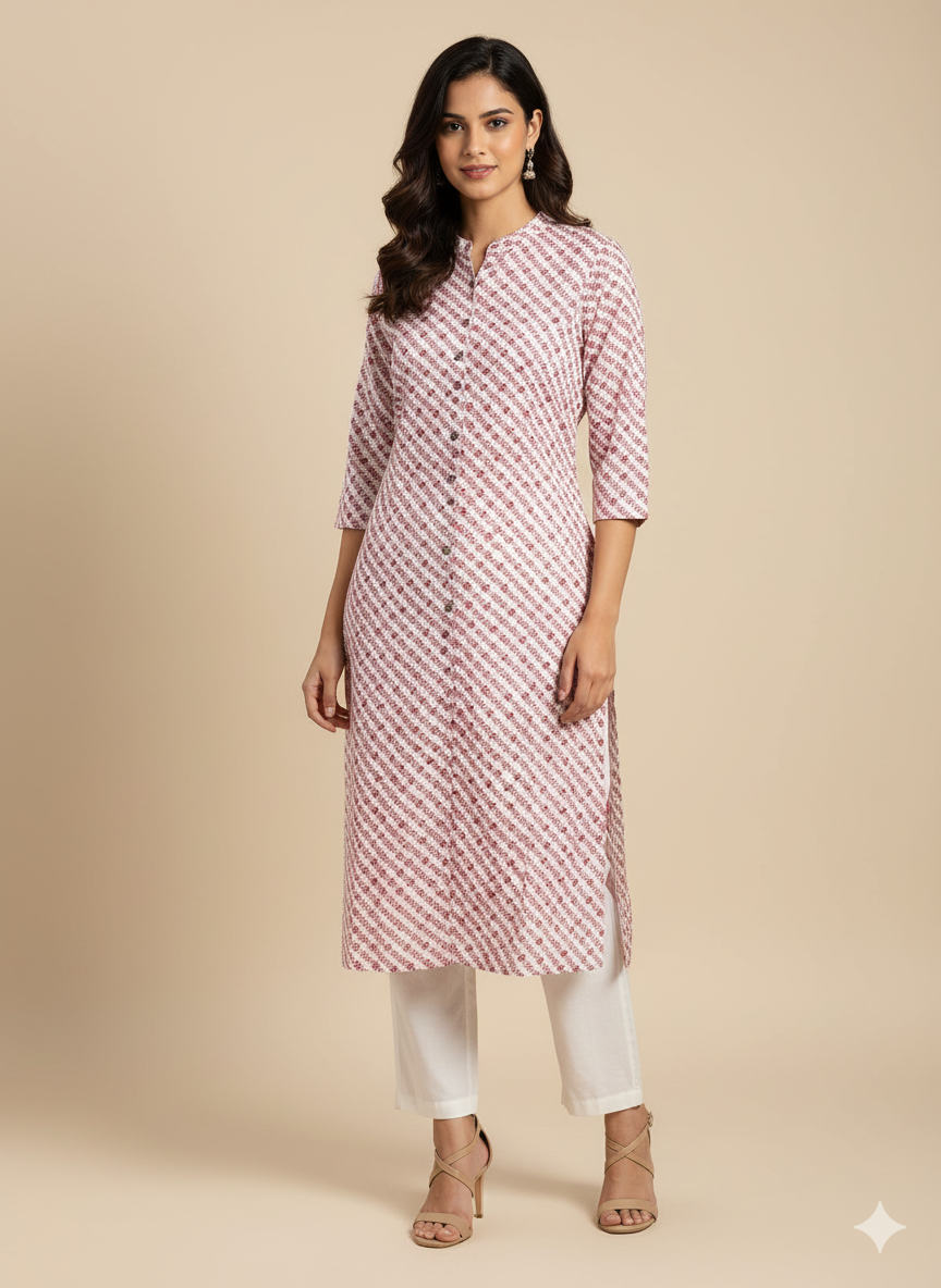 Off-White Floral Print Straight Kurta