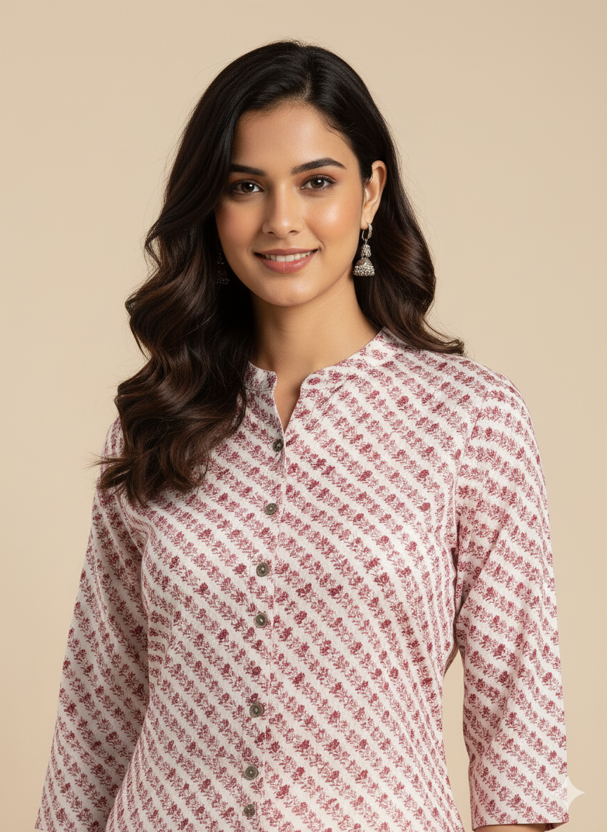 Off-White Floral Print Straight Kurta