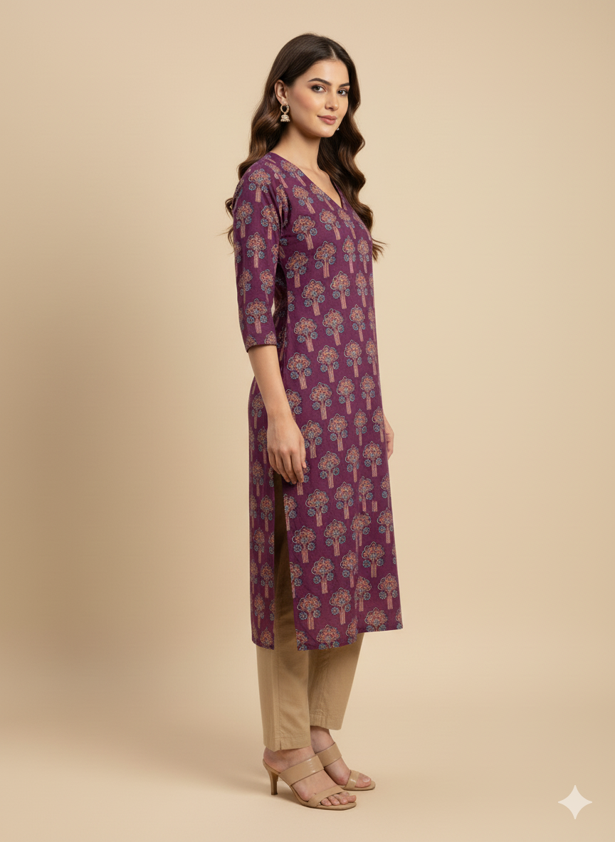 Burgundy Floral Print Straight Kurta