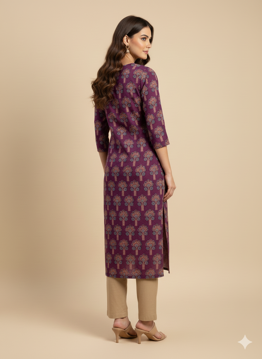 Burgundy Floral Print Straight Kurta
