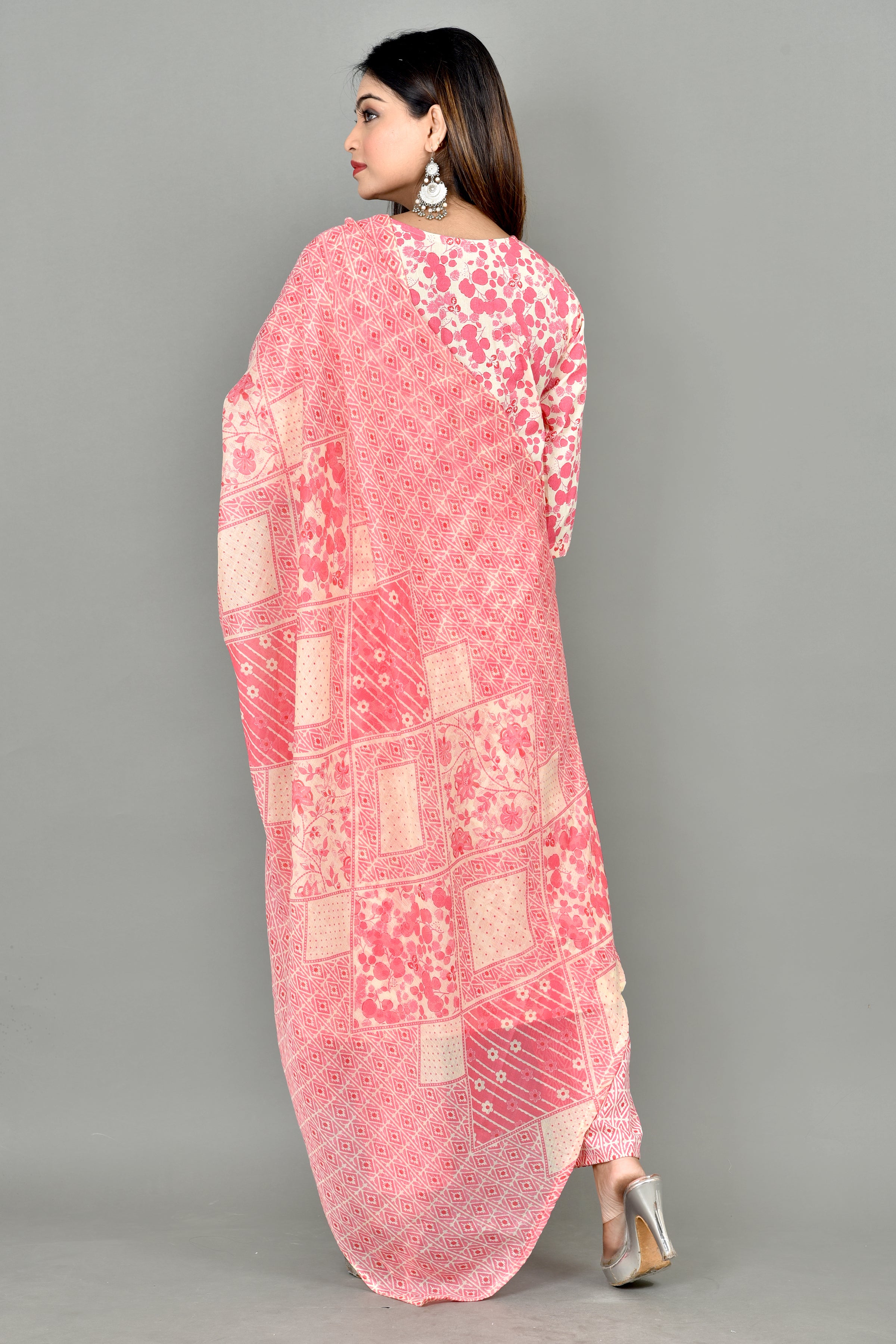 Peach Floral Print Embroidered Kurta With Pant & Dupatta