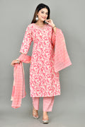 Peach Floral Print Embroidered Kurta With Pant & Dupatta